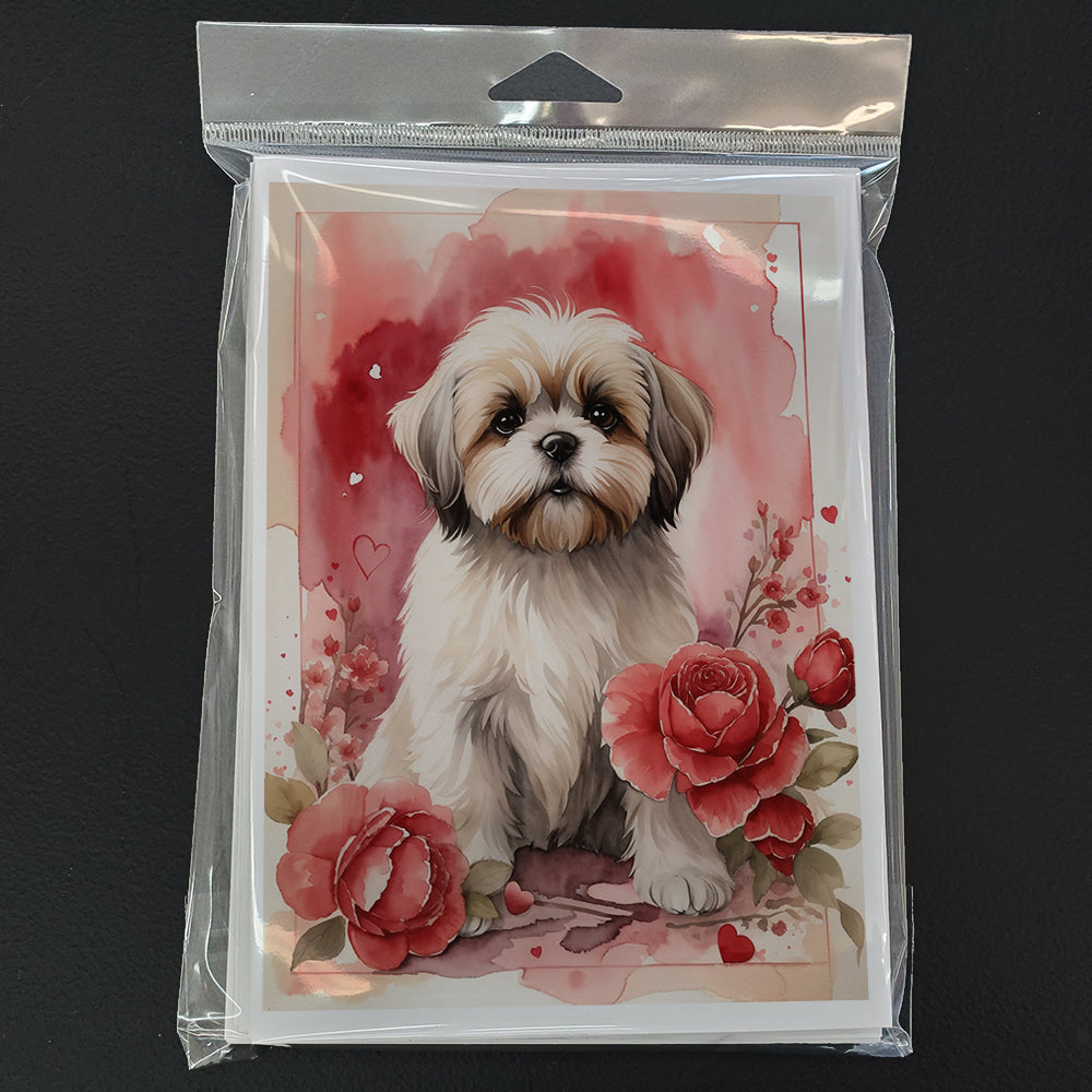 Lhasa Apso Valentine Roses Greeting Cards Pack of 8 Blank Cards with Envelopes Whimsical A7 Size 5x7