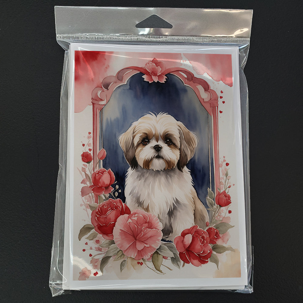 Lhasa Apso Valentine Roses Greeting Cards Pack of 8 Blank Cards with Envelopes Whimsical A7 Size 5x7