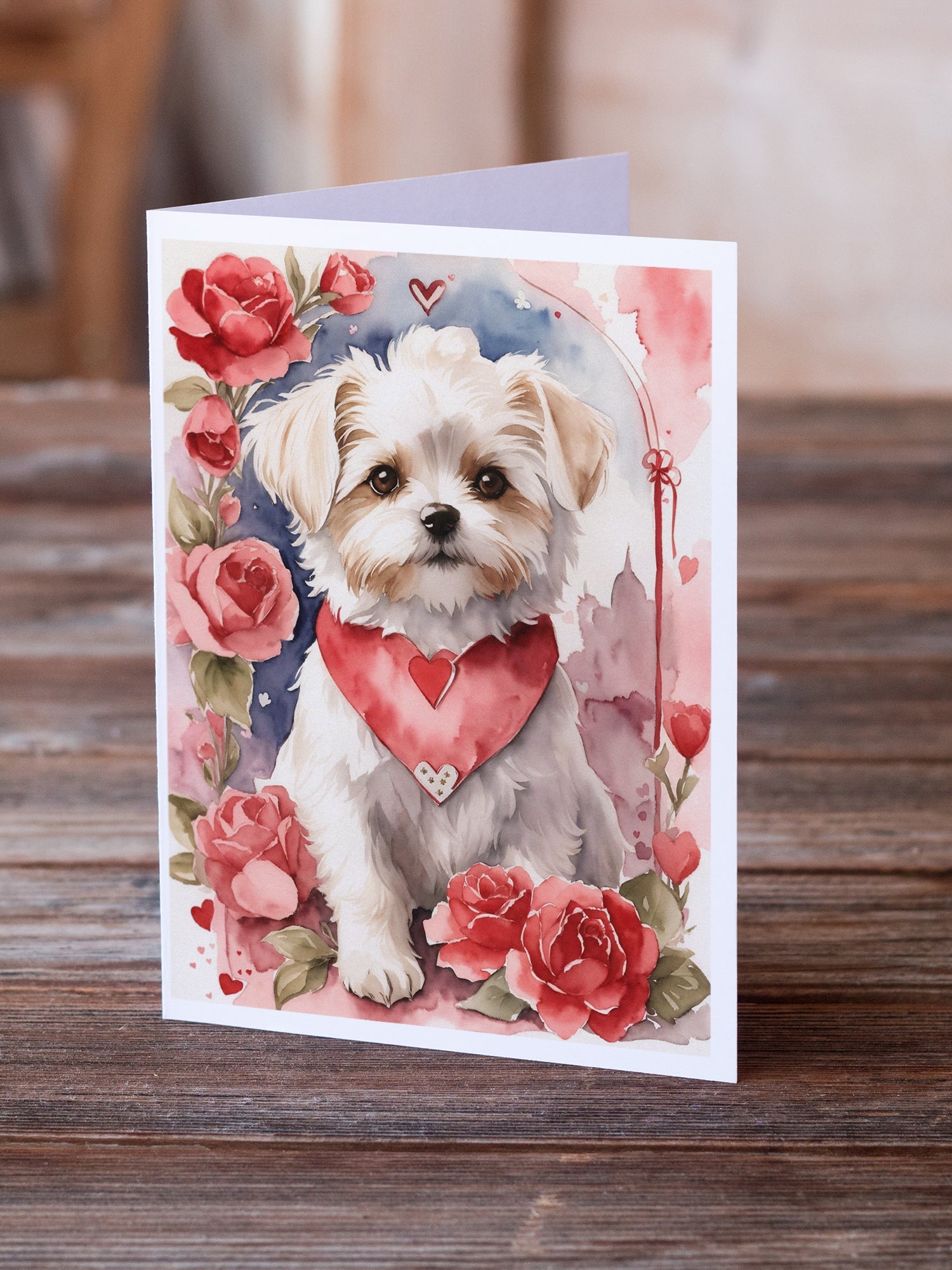 Maltese Valentine Roses Greeting Cards Pack of 8 Blank Cards with Envelopes Whimsical A7 Size 5x7