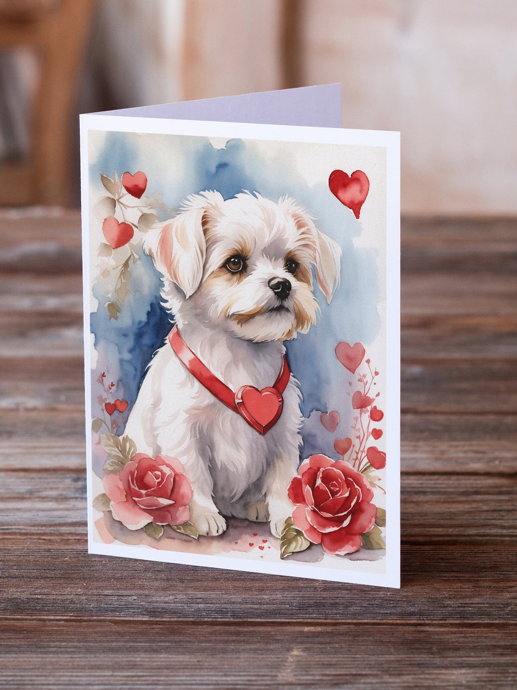 Maltese Valentine Roses Greeting Cards Pack of 8 Blank Cards with Envelopes Whimsical A7 Size 5x7