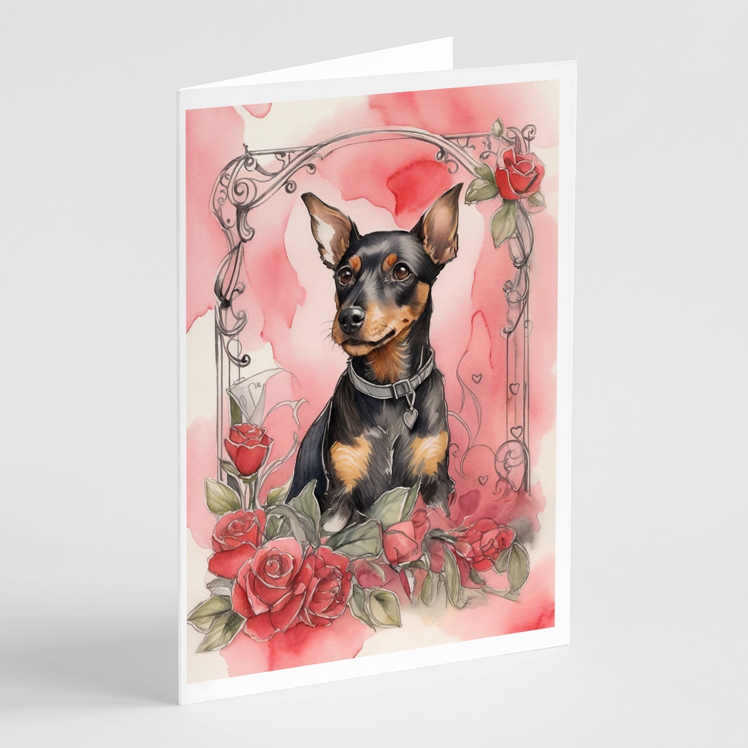 Manchester Terrier Valentine Roses Greeting Cards Pack of 8 Blank Cards with Envelopes Whimsical A7 Size 5x7