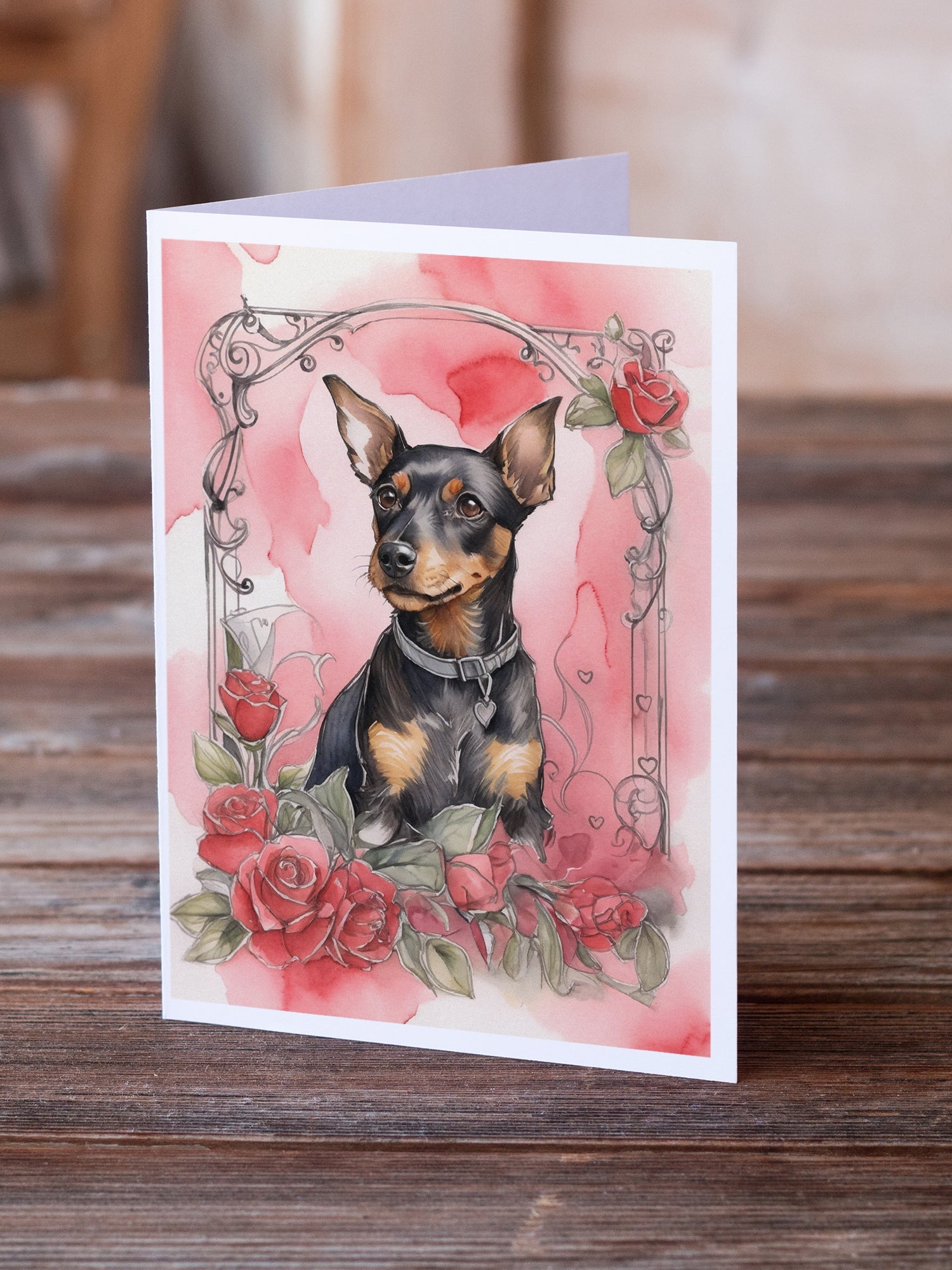 Manchester Terrier Valentine Roses Greeting Cards Pack of 8 Blank Cards with Envelopes Whimsical A7 Size 5x7