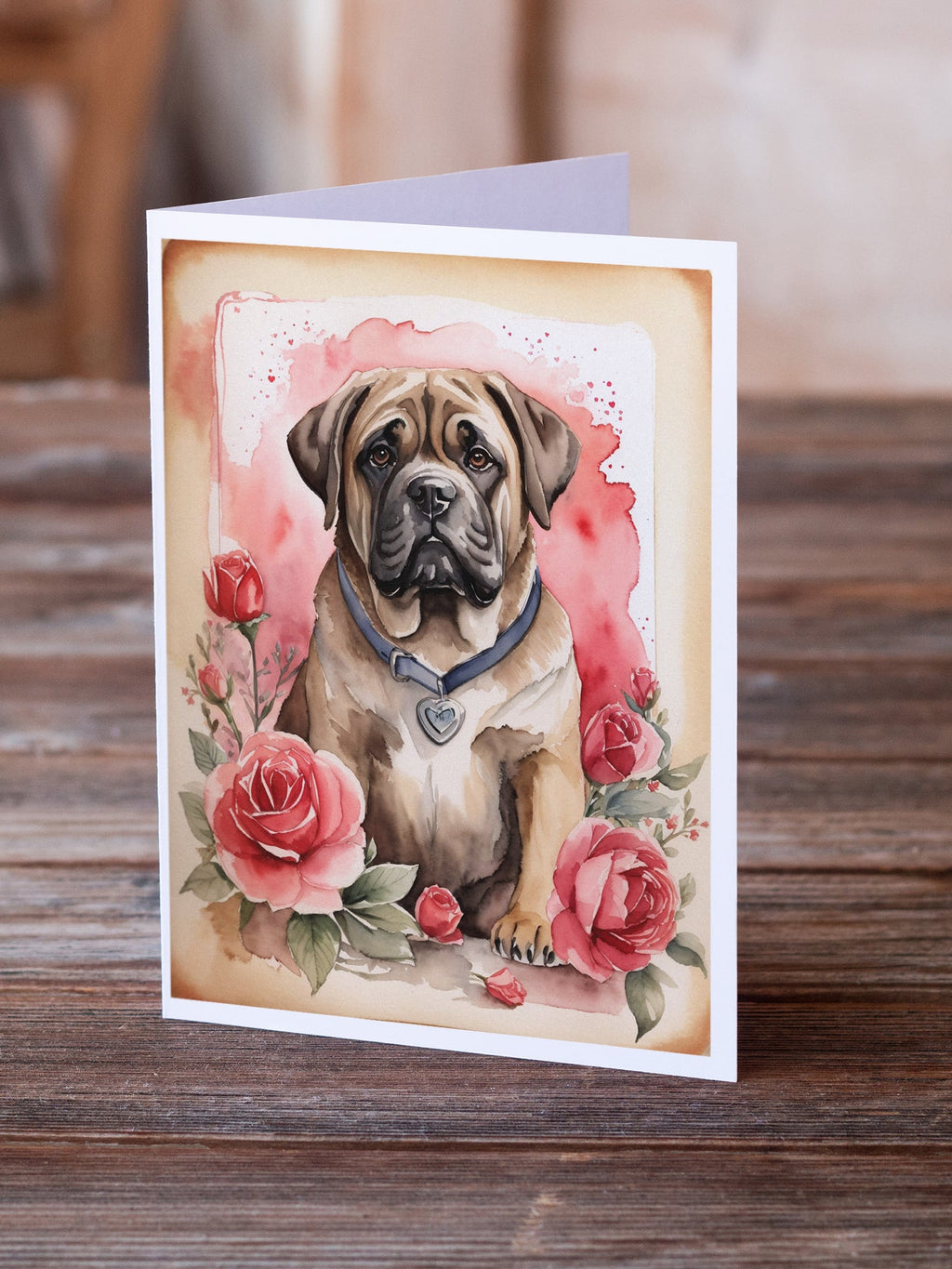 Mastiff Valentine Roses Greeting Cards Pack of 8 Blank Cards with Envelopes Whimsical A7 Size 5x7