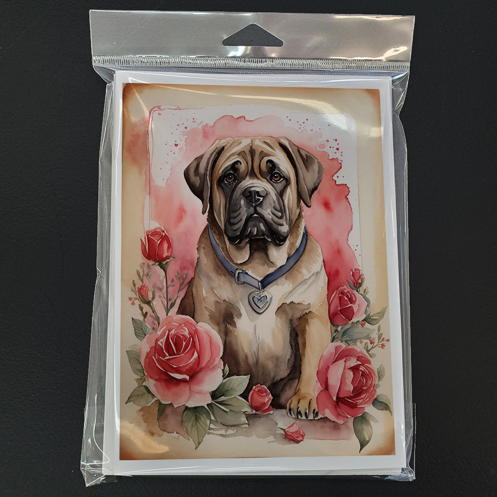 Mastiff Valentine Roses Greeting Cards Pack of 8 Blank Cards with Envelopes Whimsical A7 Size 5x7