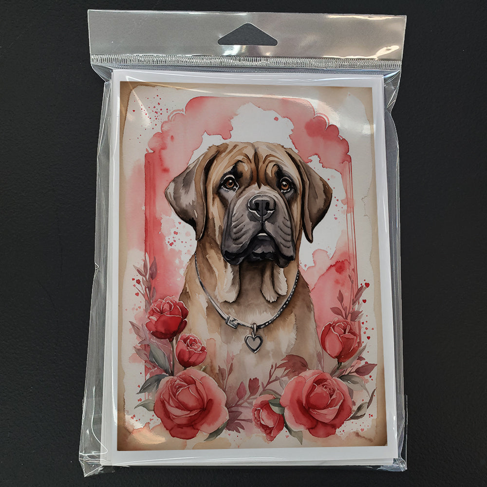 Mastiff Valentine Roses Greeting Cards Pack of 8 Blank Cards with Envelopes Whimsical A7 Size 5x7