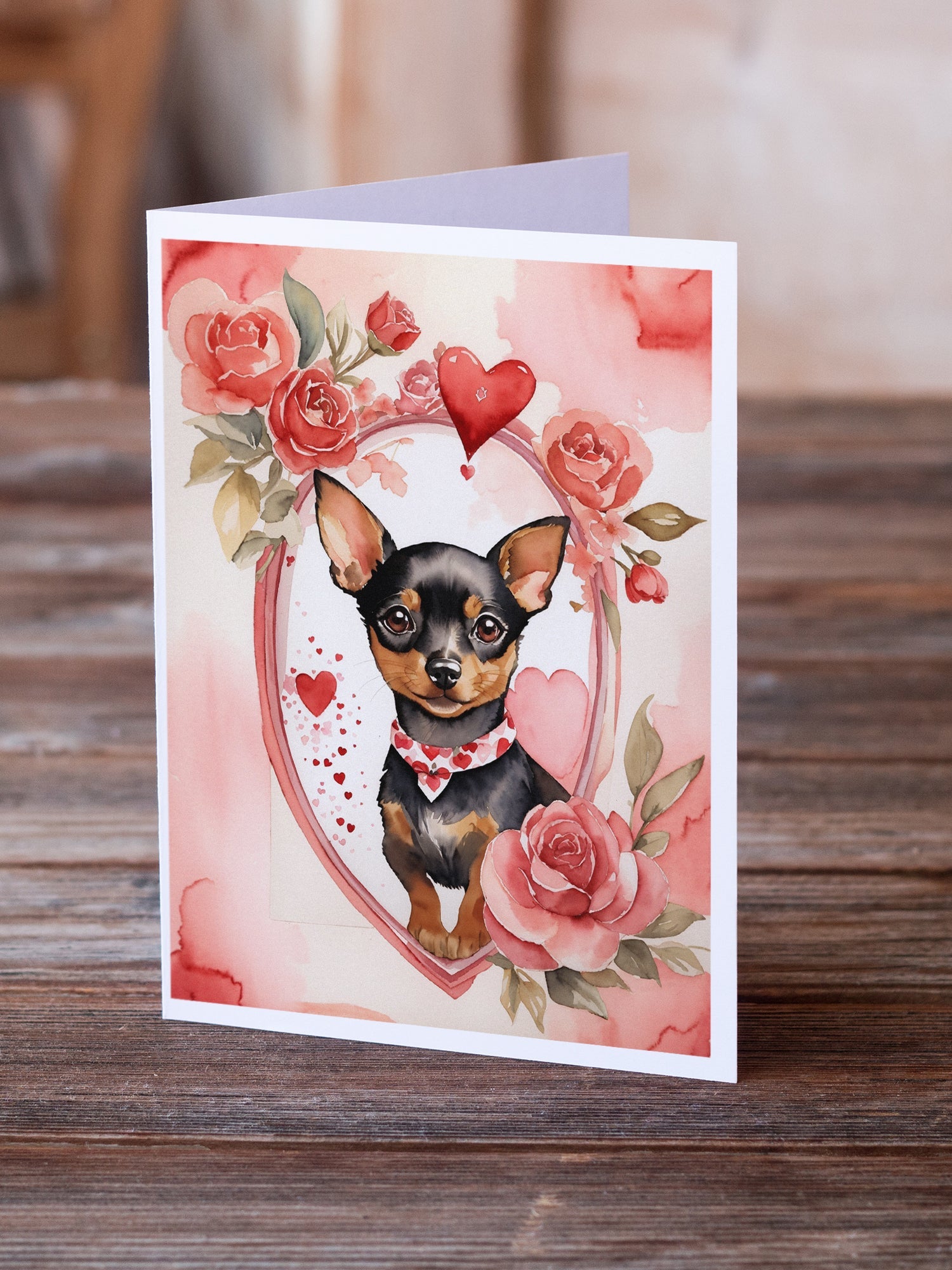 Miniature Pinscher Valentine Roses Greeting Cards Pack of 8 Blank Cards with Envelopes Whimsical A7 Size 5x7