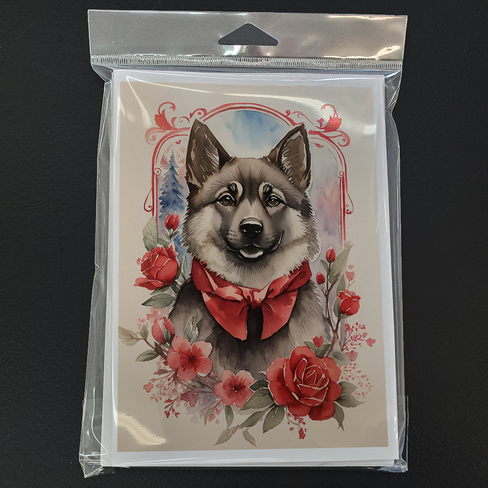 Norwegian Elkhound Valentine Roses Greeting Cards Pack of 8 Blank Cards with Envelopes Whimsical A7 Size 5x7