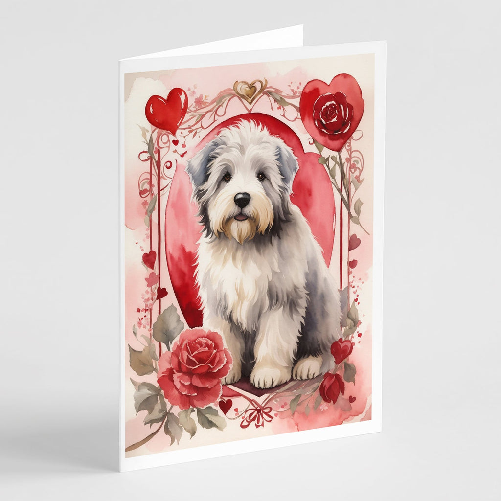 Old English Sheepdog Valentine Roses Greeting Cards Pack of 8 Blank Cards with Envelopes Whimsical A7 Size 5x7