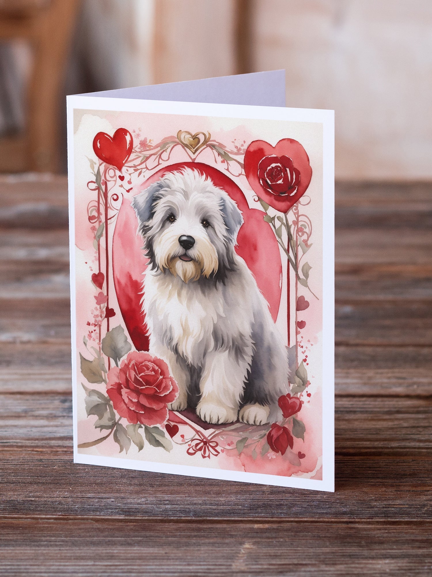 Old English Sheepdog Valentine Roses Greeting Cards Pack of 8 Blank Cards with Envelopes Whimsical A7 Size 5x7