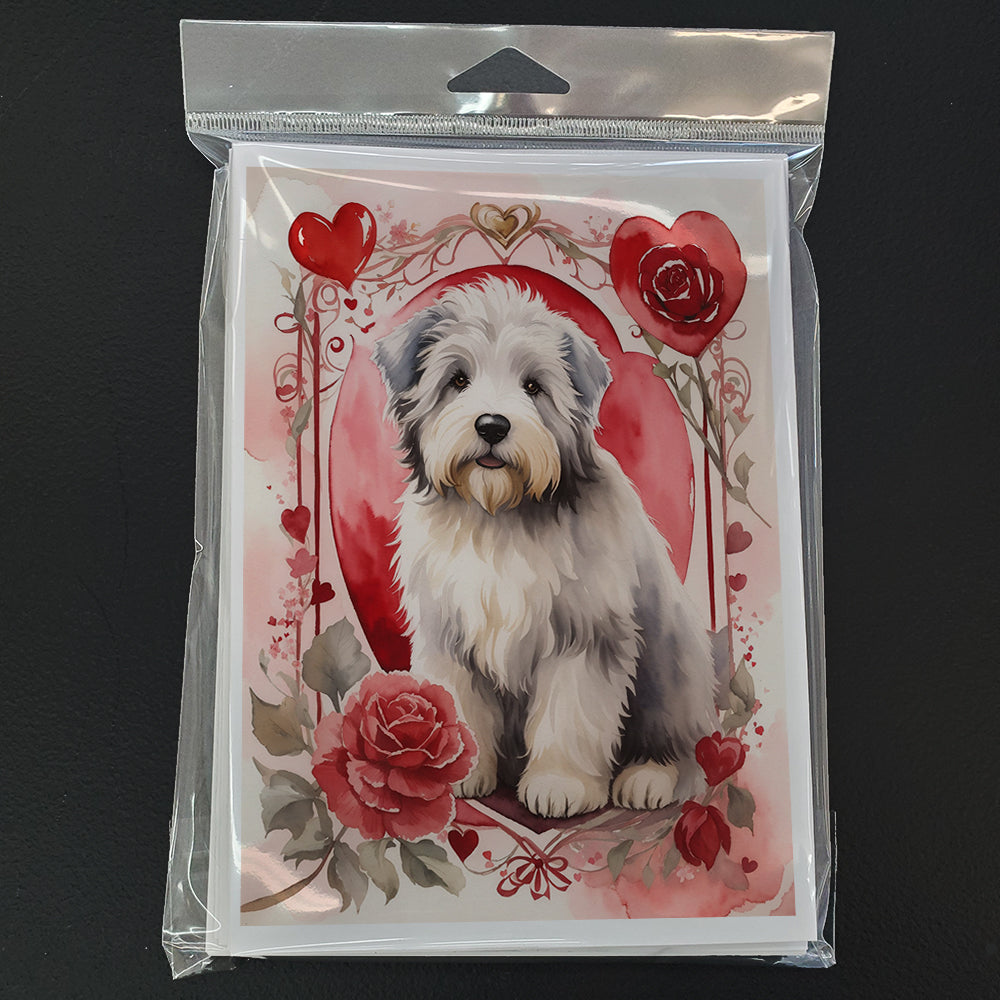 Old English Sheepdog Valentine Roses Greeting Cards Pack of 8 Blank Cards with Envelopes Whimsical A7 Size 5x7