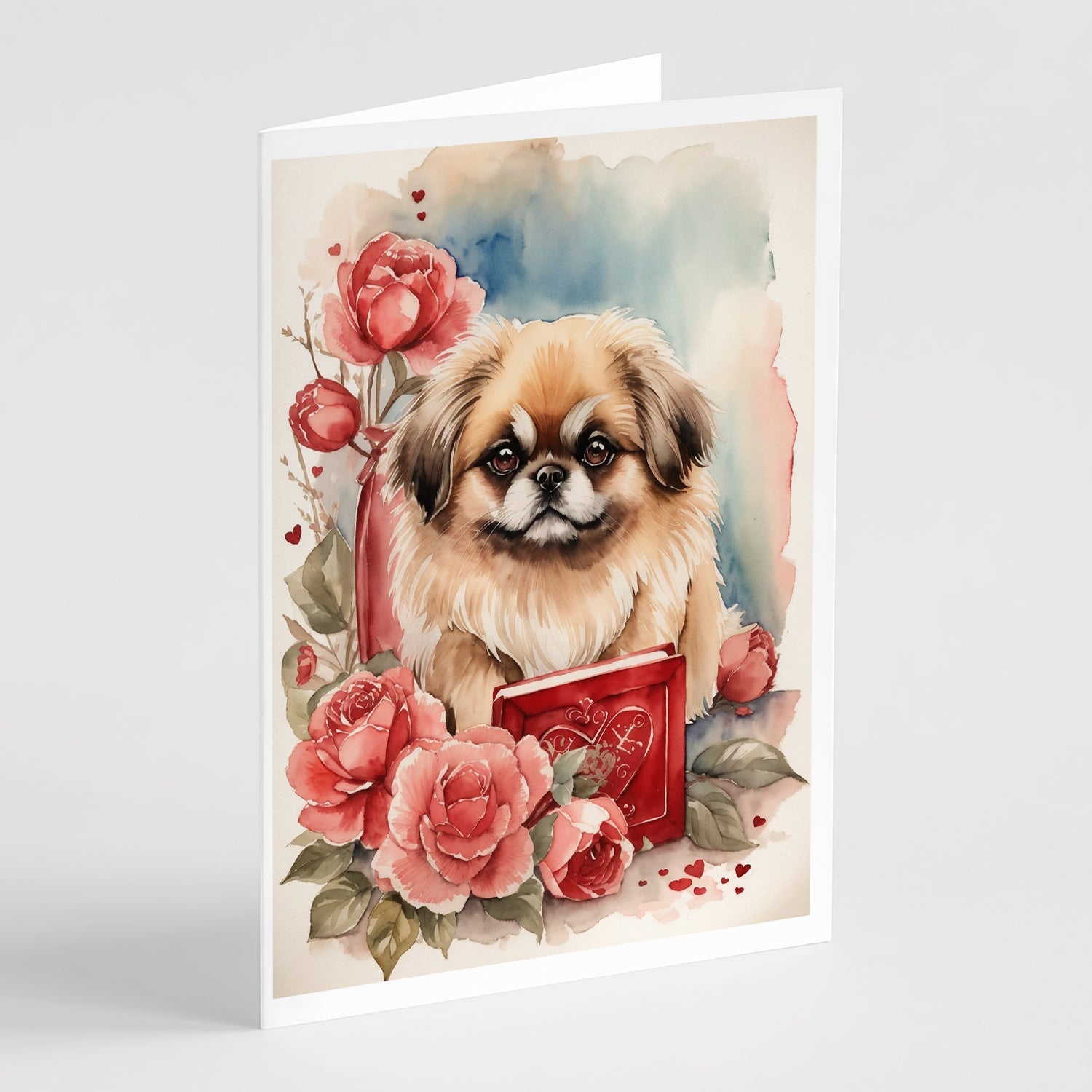 Pekingese Valentine Roses Greeting Cards Pack of 8 Blank Cards with Envelopes Whimsical A7 Size 5x7