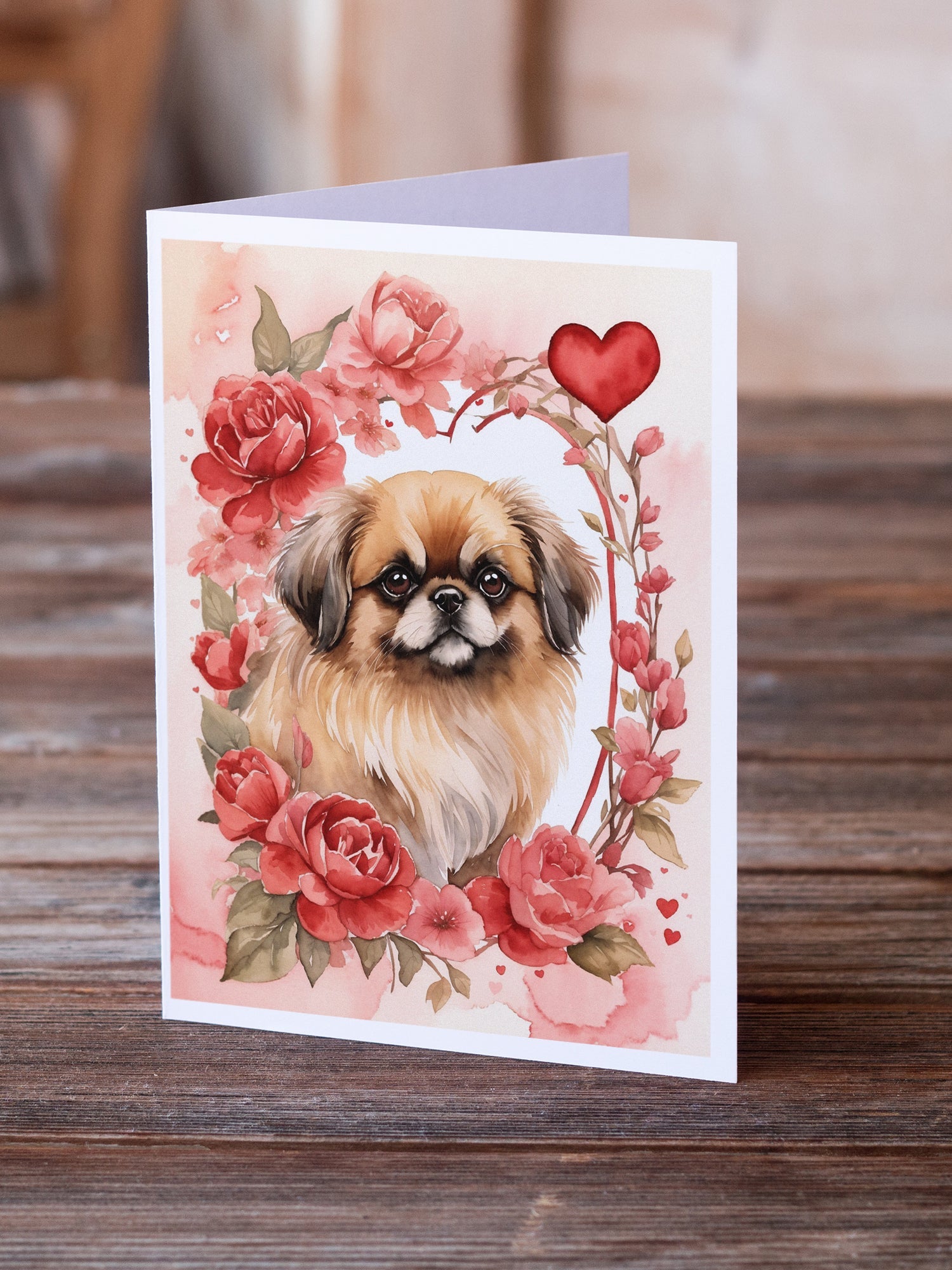 Pekingese Valentine Roses Greeting Cards Pack of 8 Blank Cards with Envelopes Whimsical A7 Size 5x7