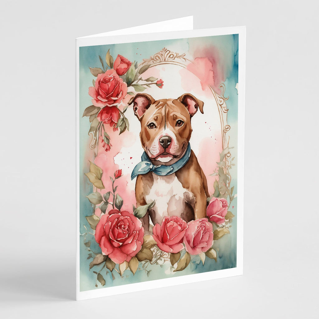Pit Bull Terrier Valentine Roses Greeting Cards Pack of 8 Blank Cards with Envelopes Whimsical A7 Size 5x7