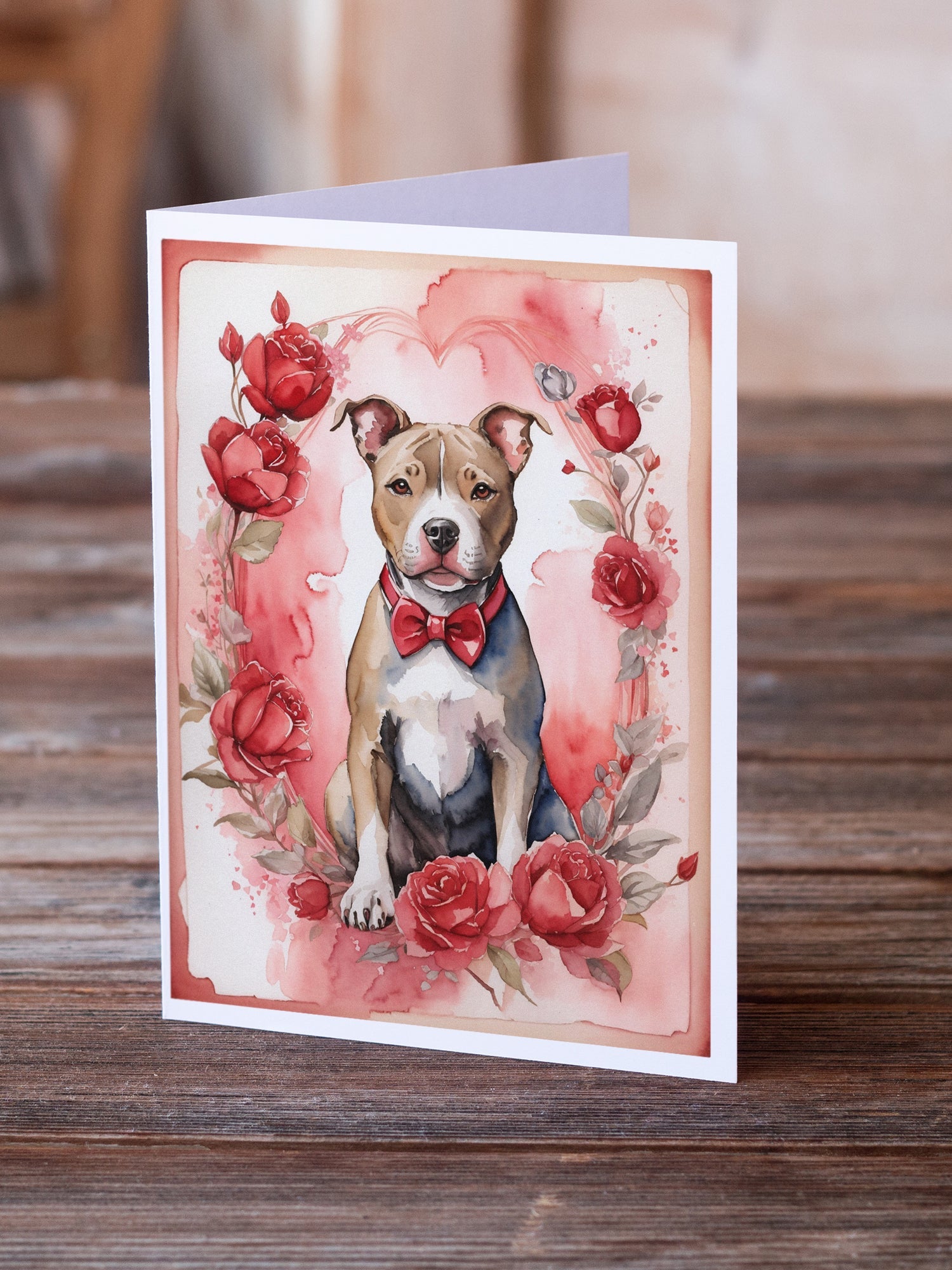 Pit Bull Terrier Valentine Roses Greeting Cards Pack of 8 Blank Cards with Envelopes Whimsical A7 Size 5x7