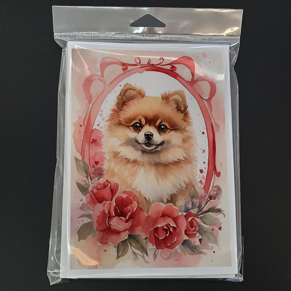 Pomeranian Valentine Roses Greeting Cards Pack of 8 Blank Cards with Envelopes Whimsical A7 Size 5x7