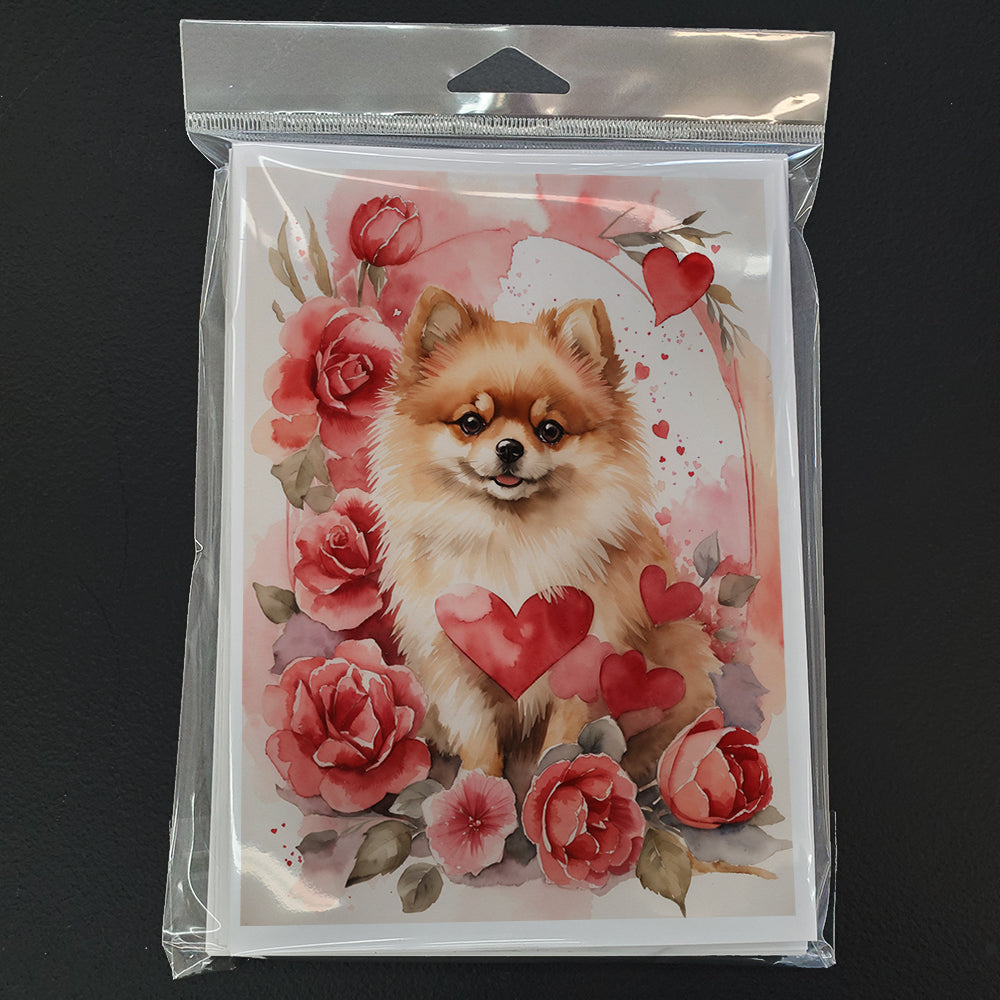 Pomeranian Valentine Roses Greeting Cards Pack of 8 Blank Cards with Envelopes Whimsical A7 Size 5x7
