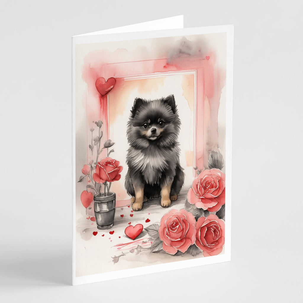 Black Pomeranian Valentine Roses Greeting Cards Pack of 8 Blank Cards with Envelopes Whimsical A7 Size 5x7