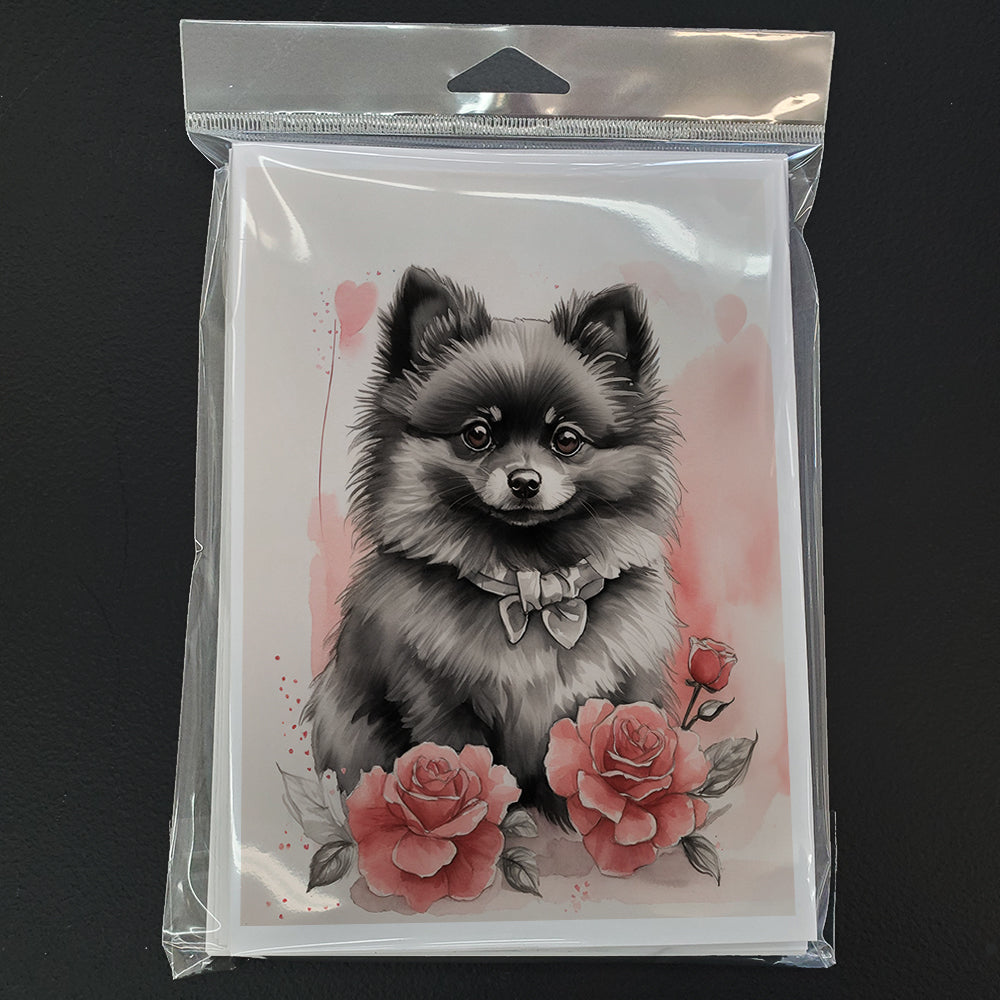 Black Pomeranian Valentine Roses Greeting Cards Pack of 8 Blank Cards with Envelopes Whimsical A7 Size 5x7
