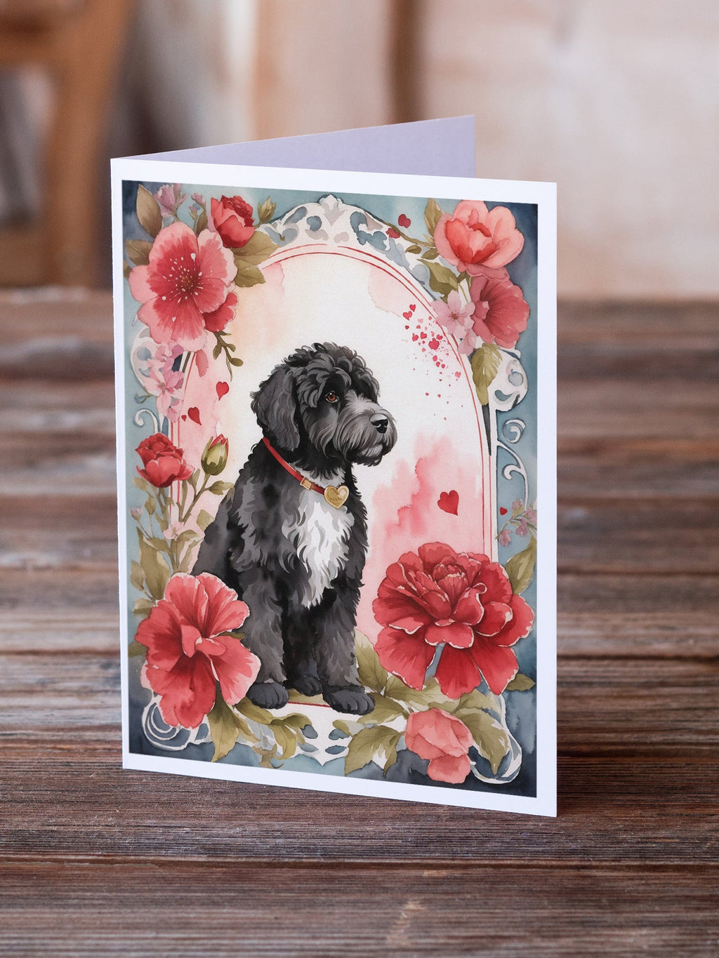 Portuguese Water Dog Valentine Roses Greeting Cards Pack of 8 Blank Cards with Envelopes Whimsical A7 Size 5x7