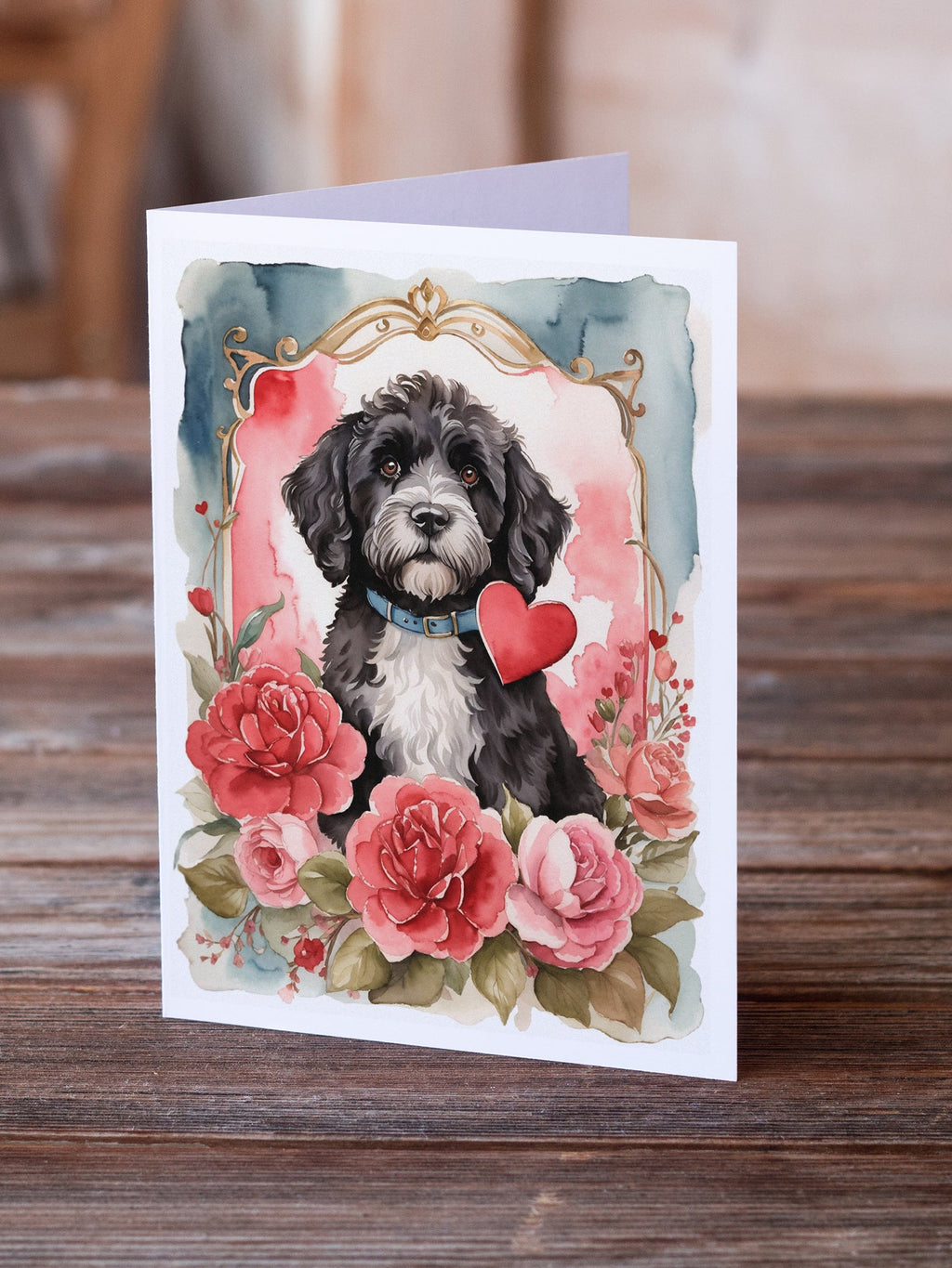 Portuguese Water Dog Valentine Roses Greeting Cards Pack of 8 Blank Cards with Envelopes Whimsical A7 Size 5x7