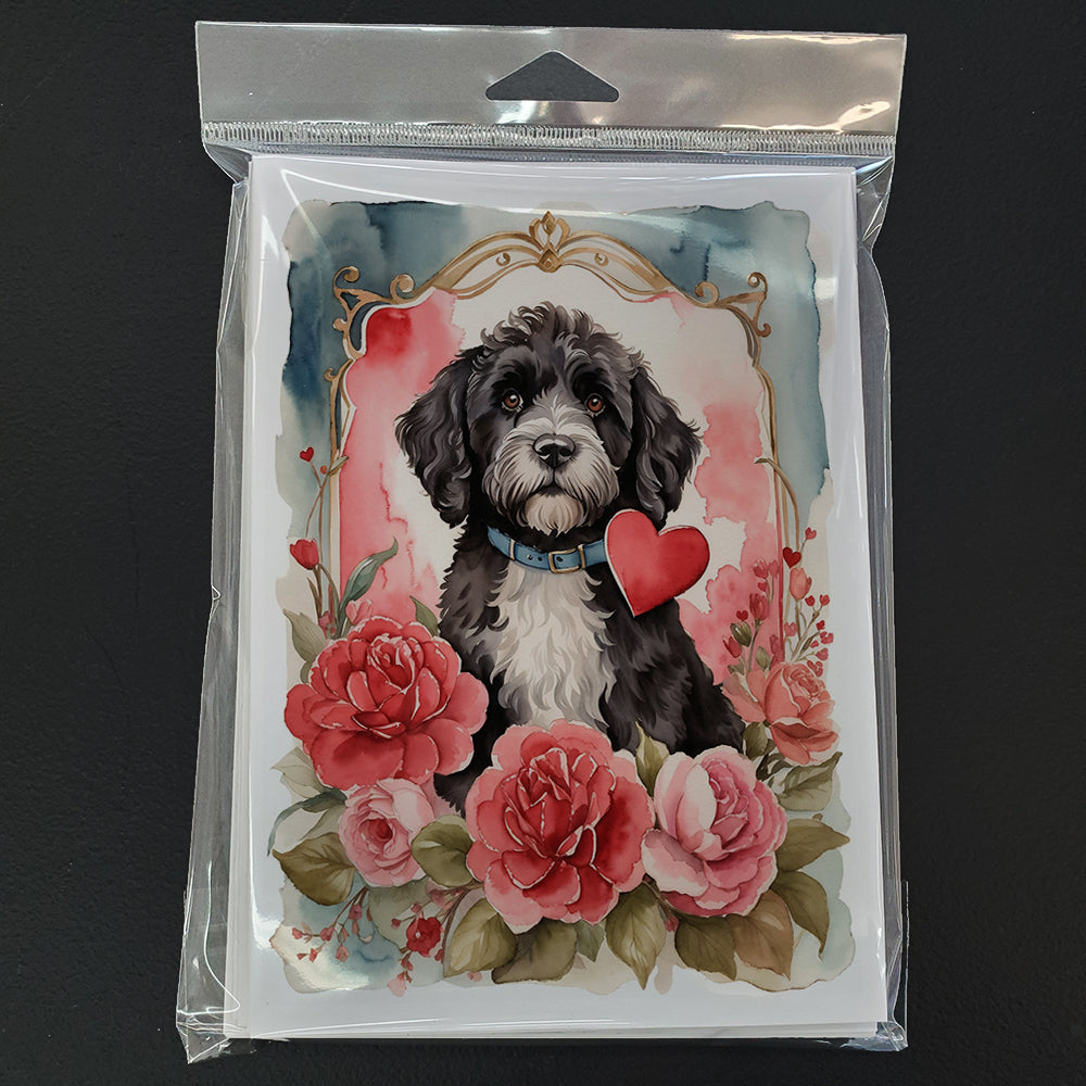 Portuguese Water Dog Valentine Roses Greeting Cards Pack of 8 Blank Cards with Envelopes Whimsical A7 Size 5x7