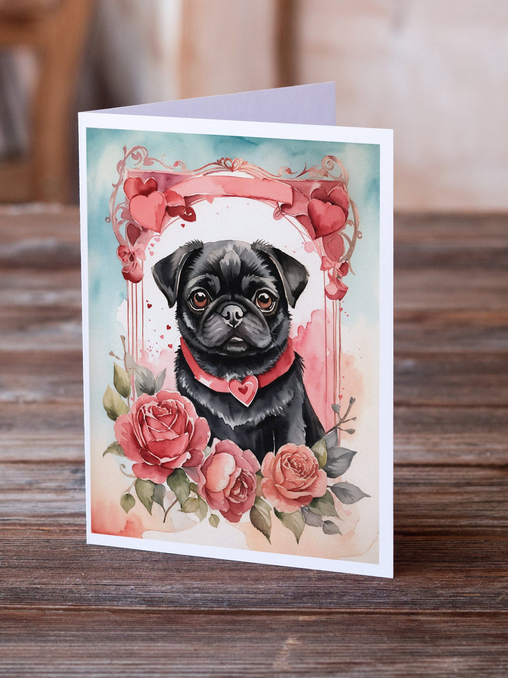 Black Pug Valentine Roses Greeting Cards Pack of 8 Blank Cards with Envelopes Whimsical A7 Size 5x7