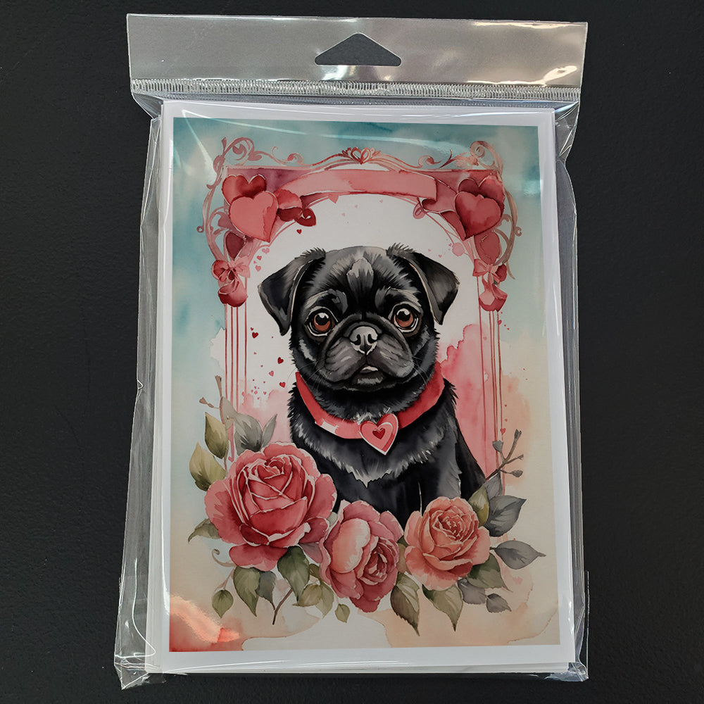 Black Pug Valentine Roses Greeting Cards Pack of 8 Blank Cards with Envelopes Whimsical A7 Size 5x7