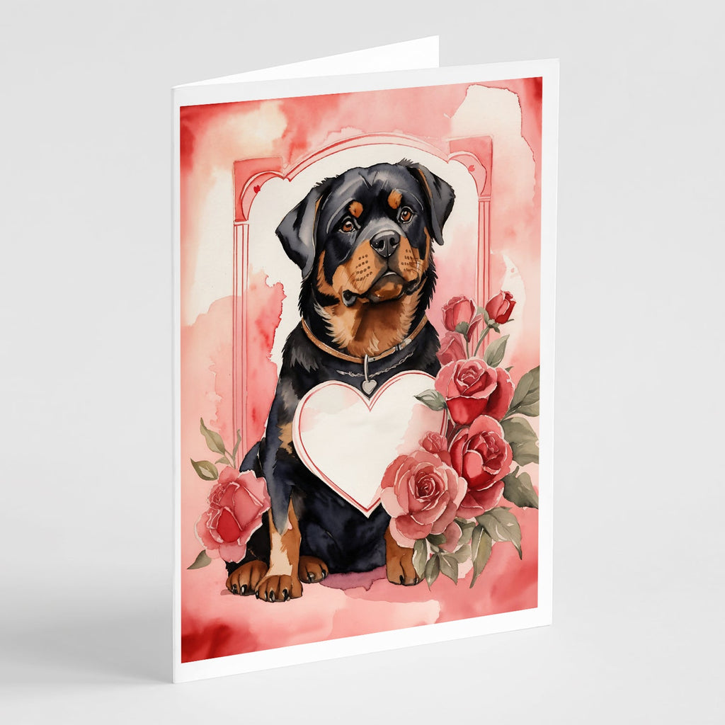 Rottweiler Valentine Roses Greeting Cards Pack of 8 Blank Cards with Envelopes Whimsical A7 Size 5x7