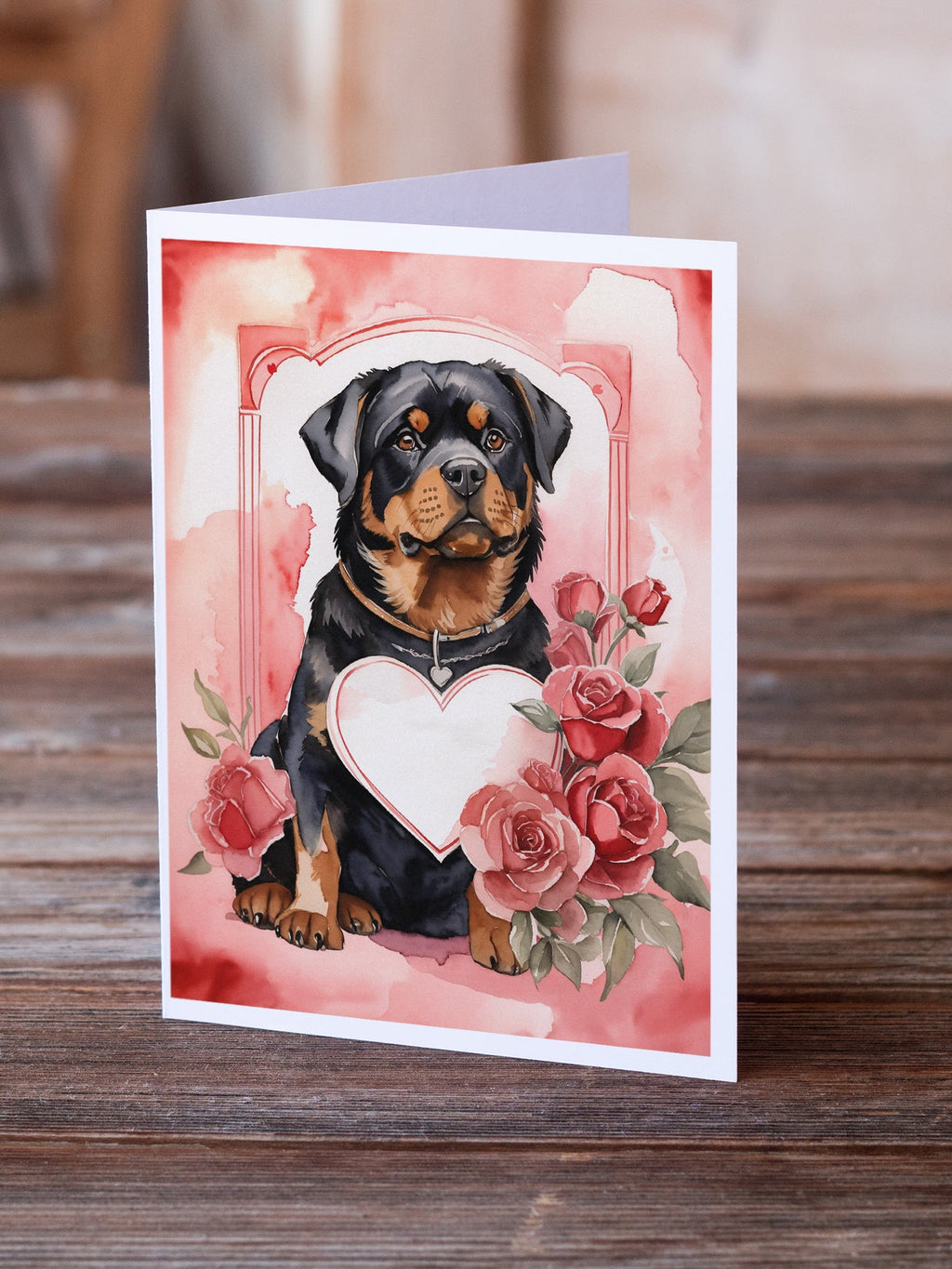 Rottweiler Valentine Roses Greeting Cards Pack of 8 Blank Cards with Envelopes Whimsical A7 Size 5x7