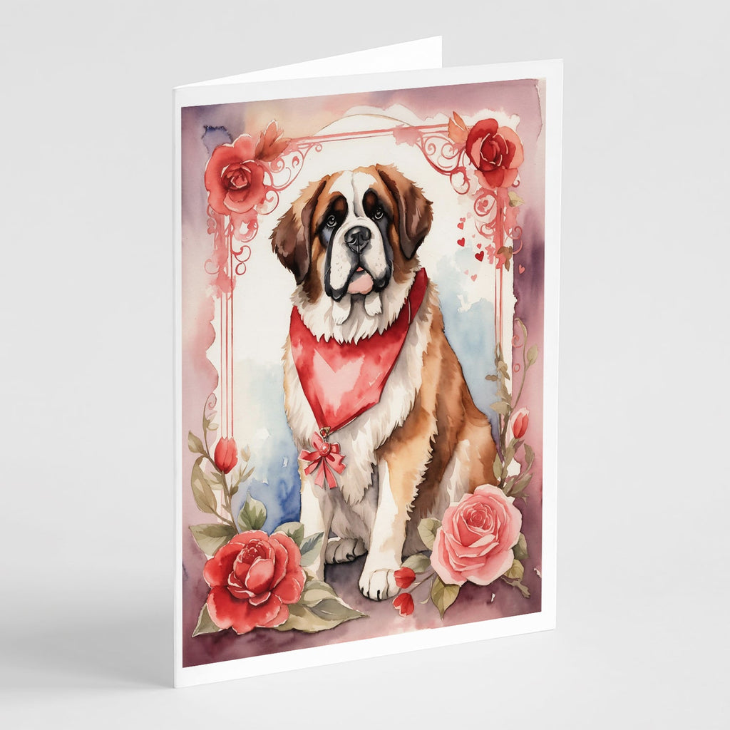 Saint Bernard Valentine Roses Greeting Cards Pack of 8 Blank Cards with Envelopes Whimsical A7 Size 5x7
