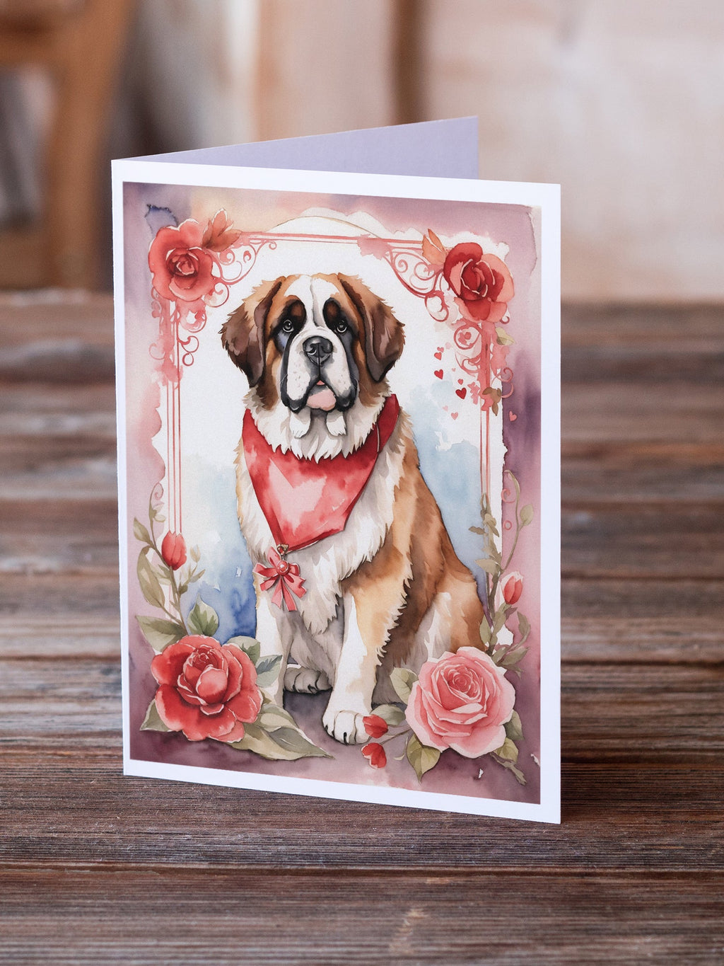Saint Bernard Valentine Roses Greeting Cards Pack of 8 Blank Cards with Envelopes Whimsical A7 Size 5x7
