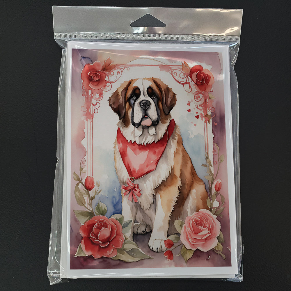 Saint Bernard Valentine Roses Greeting Cards Pack of 8 Blank Cards with Envelopes Whimsical A7 Size 5x7