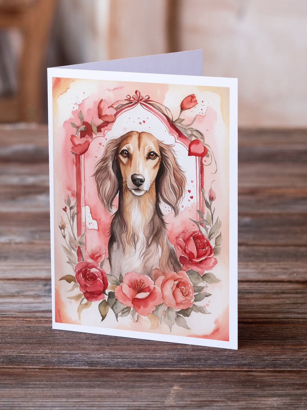 Saluki Valentine Roses Greeting Cards Pack of 8 Blank Cards with Envelopes Whimsical A7 Size 5x7