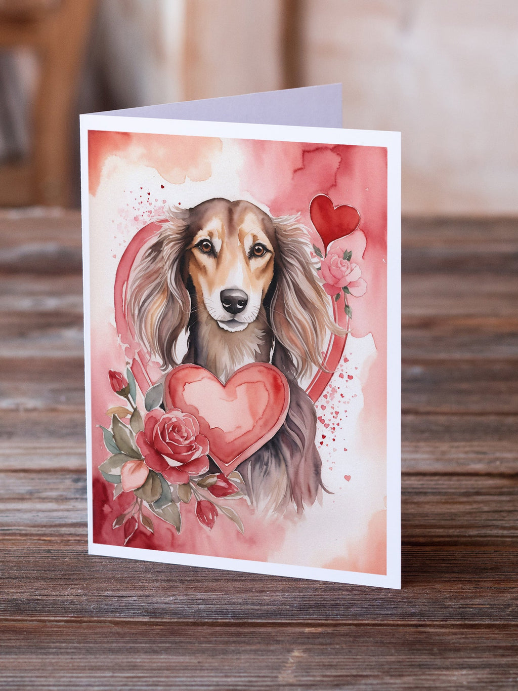 Saluki Valentine Roses Greeting Cards Pack of 8 Blank Cards with Envelopes Whimsical A7 Size 5x7