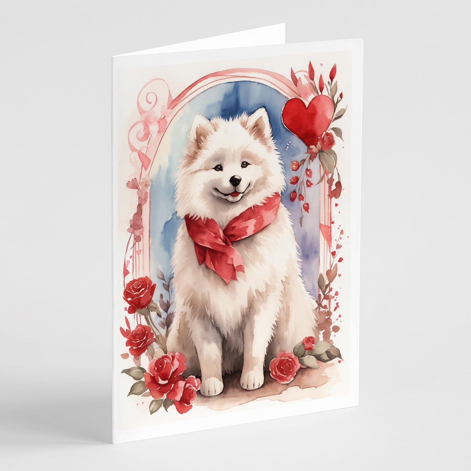 Samoyed Valentine Roses Greeting Cards Pack of 8 Blank Cards with Envelopes Whimsical A7 Size 5x7