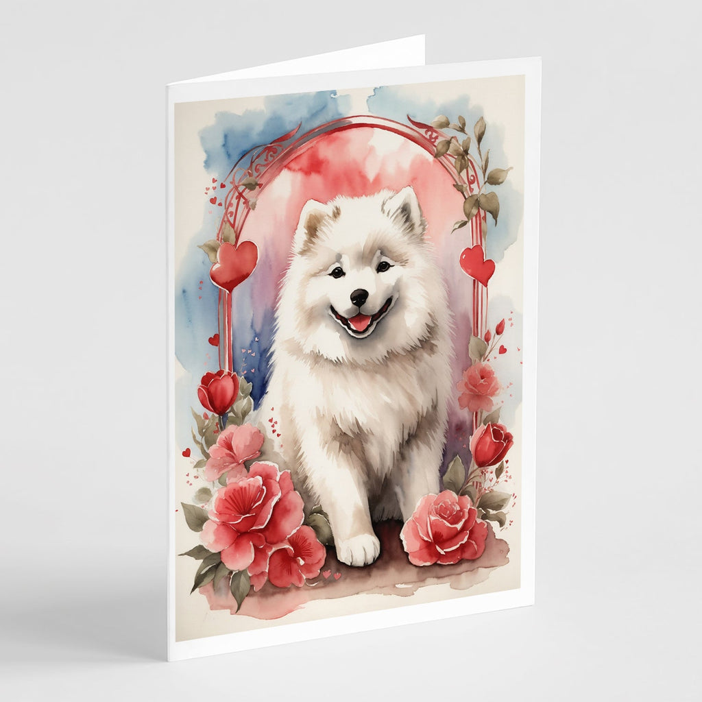 Samoyed Valentine Roses Greeting Cards Pack of 8 Blank Cards with Envelopes Whimsical A7 Size 5x7