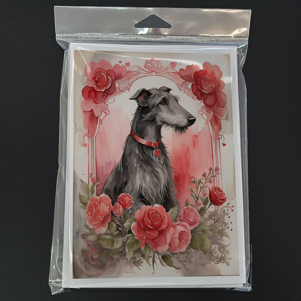 Scottish Deerhound Valentine Roses Greeting Cards Pack of 8 Blank Cards with Envelopes Whimsical A7 Size 5x7