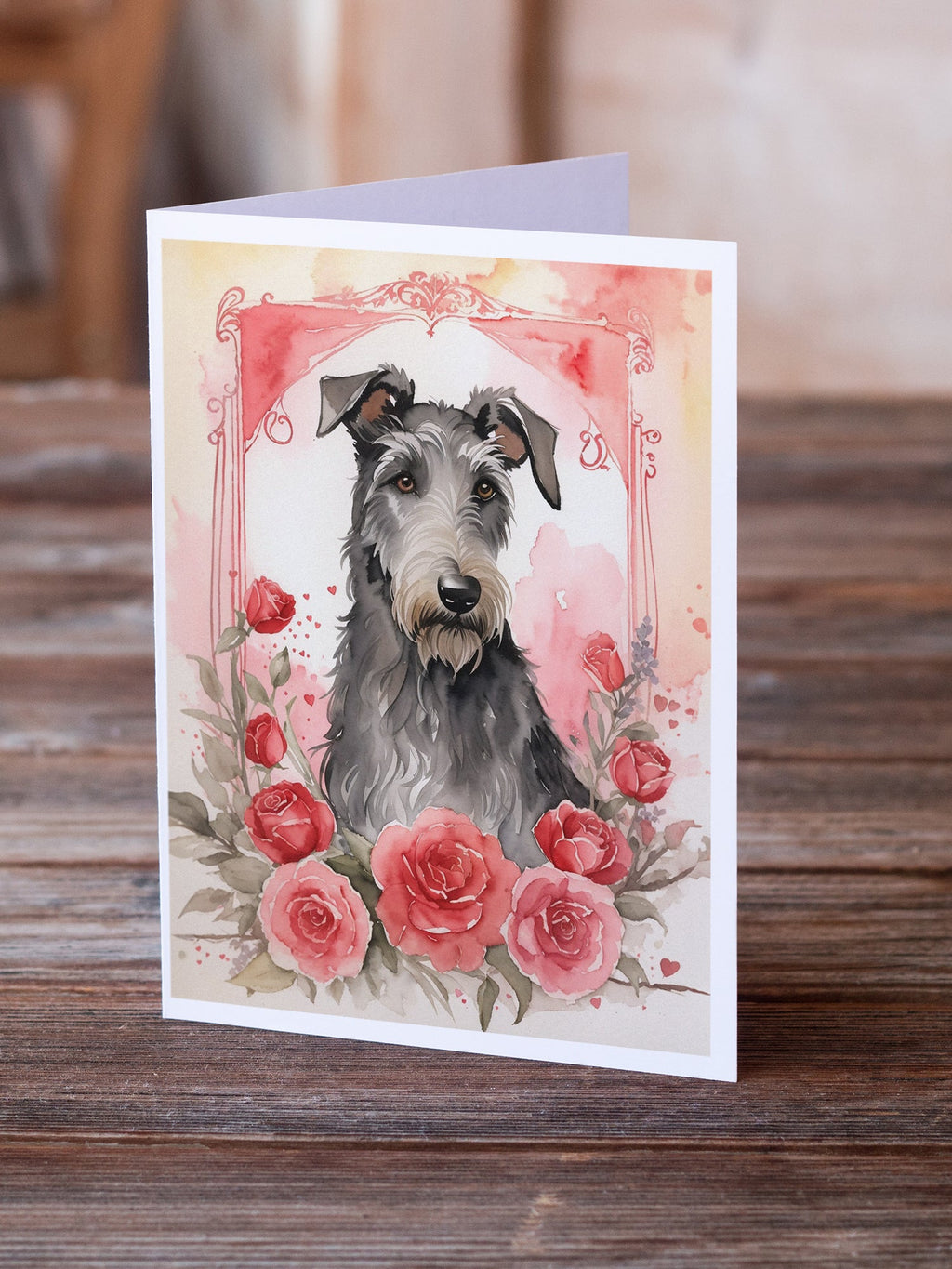 Scottish Deerhound Valentine Roses Greeting Cards Pack of 8 Blank Cards with Envelopes Whimsical A7 Size 5x7