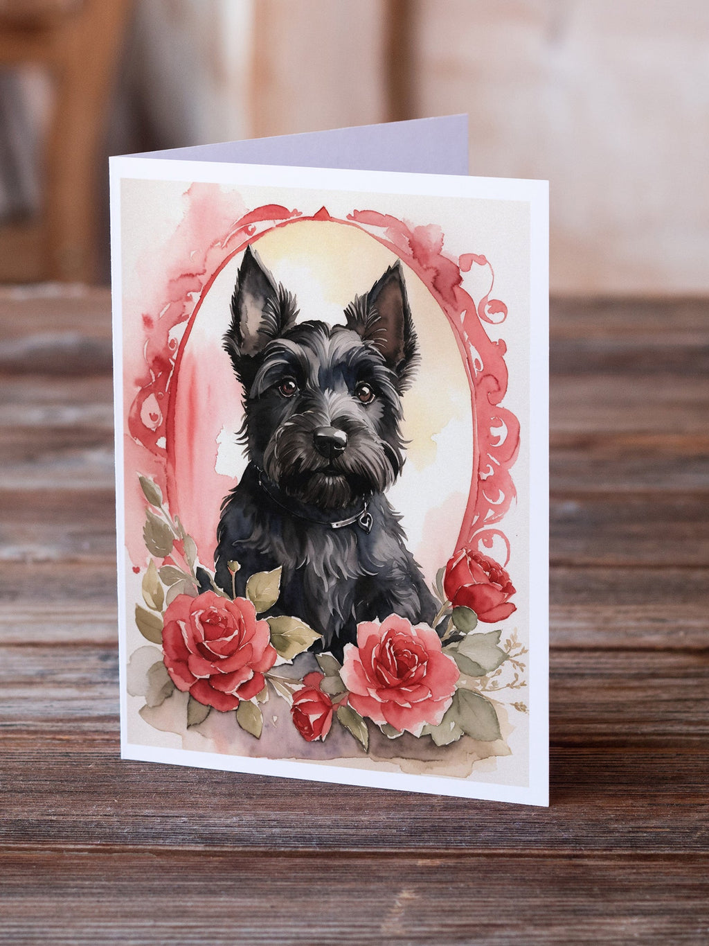 Scottish Terrier Valentine Roses Greeting Cards Pack of 8 Blank Cards with Envelopes Whimsical A7 Size 5x7