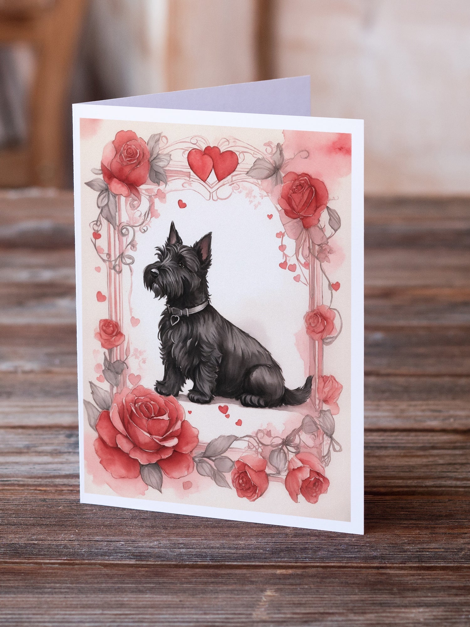 Scottish Terrier Valentine Roses Greeting Cards Pack of 8 Blank Cards with Envelopes Whimsical A7 Size 5x7