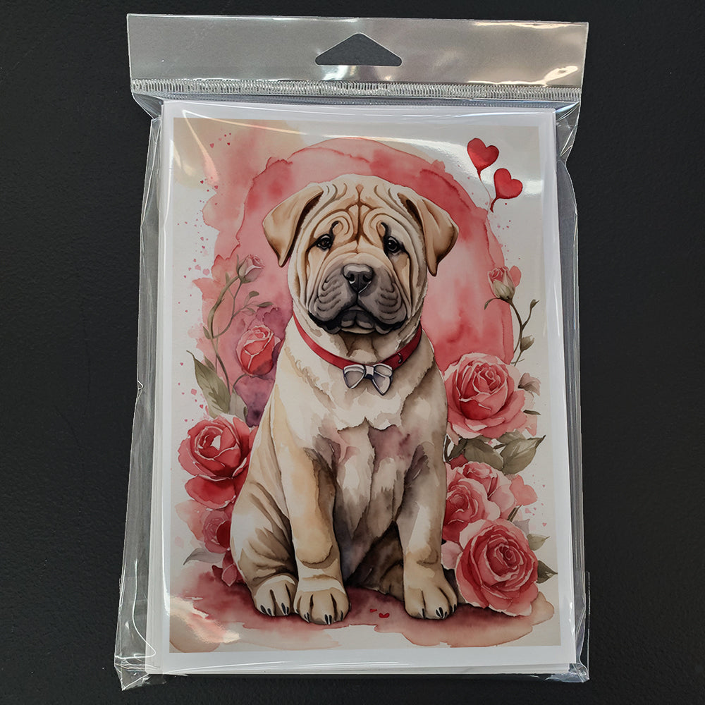 Shar Pei Valentine Roses Greeting Cards Pack of 8 Blank Cards with Envelopes Whimsical A7 Size 5x7
