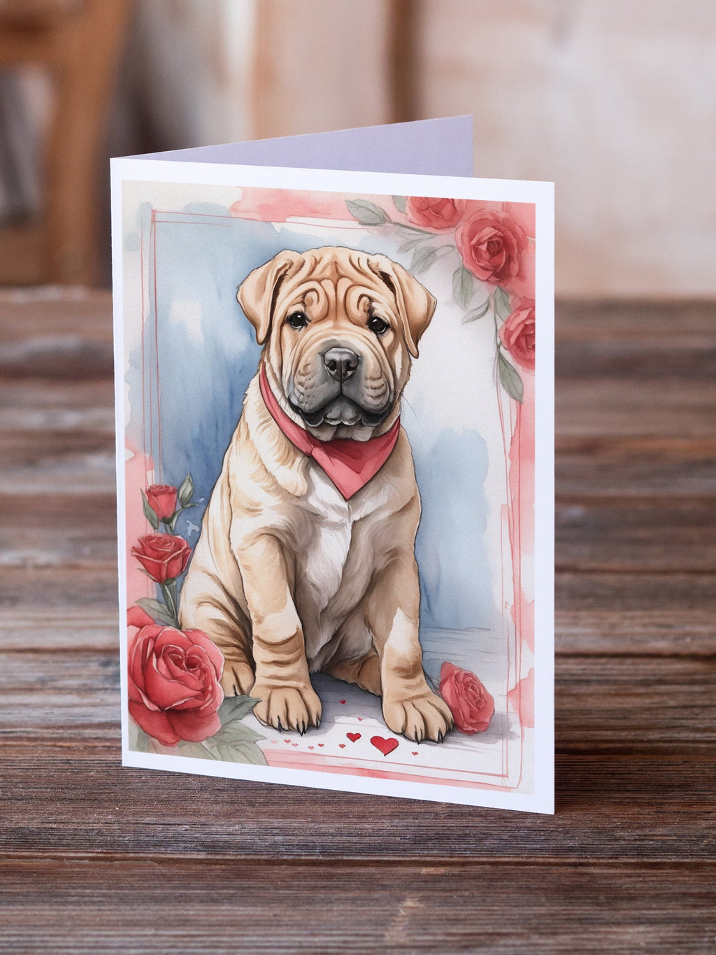Shar Pei Valentine Roses Greeting Cards Pack of 8 Blank Cards with Envelopes Whimsical A7 Size 5x7