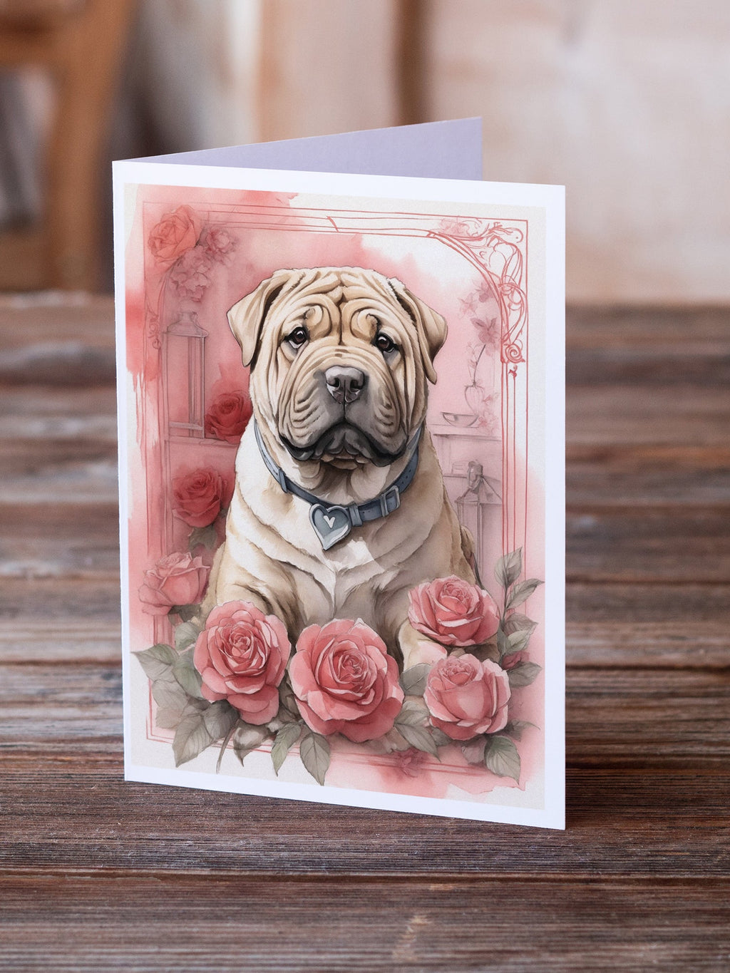 Shar Pei Valentine Roses Greeting Cards Pack of 8 Blank Cards with Envelopes Whimsical A7 Size 5x7