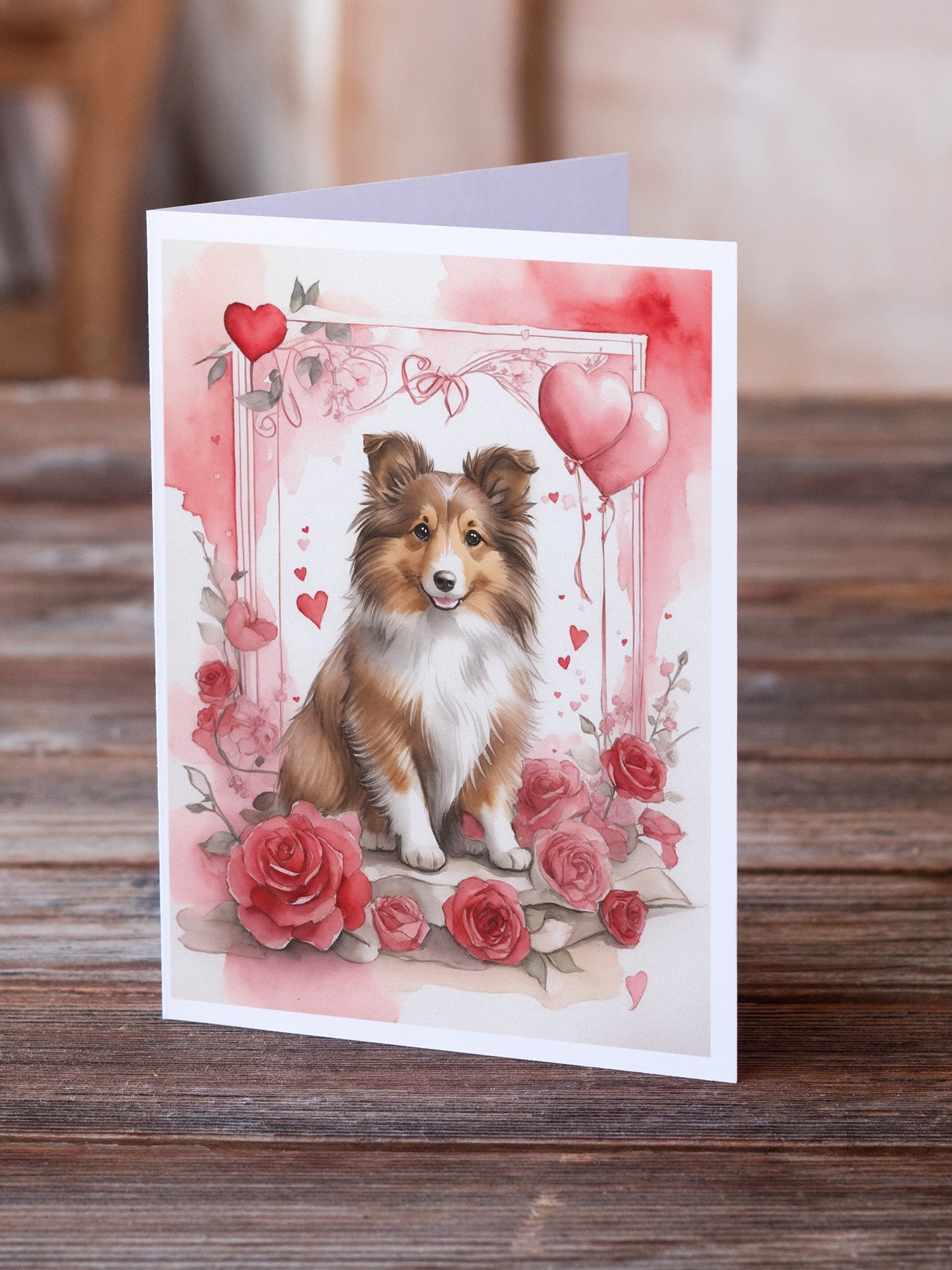Sheltie Valentine Roses Greeting Cards Pack of 8 Blank Cards with Envelopes Whimsical A7 Size 5x7