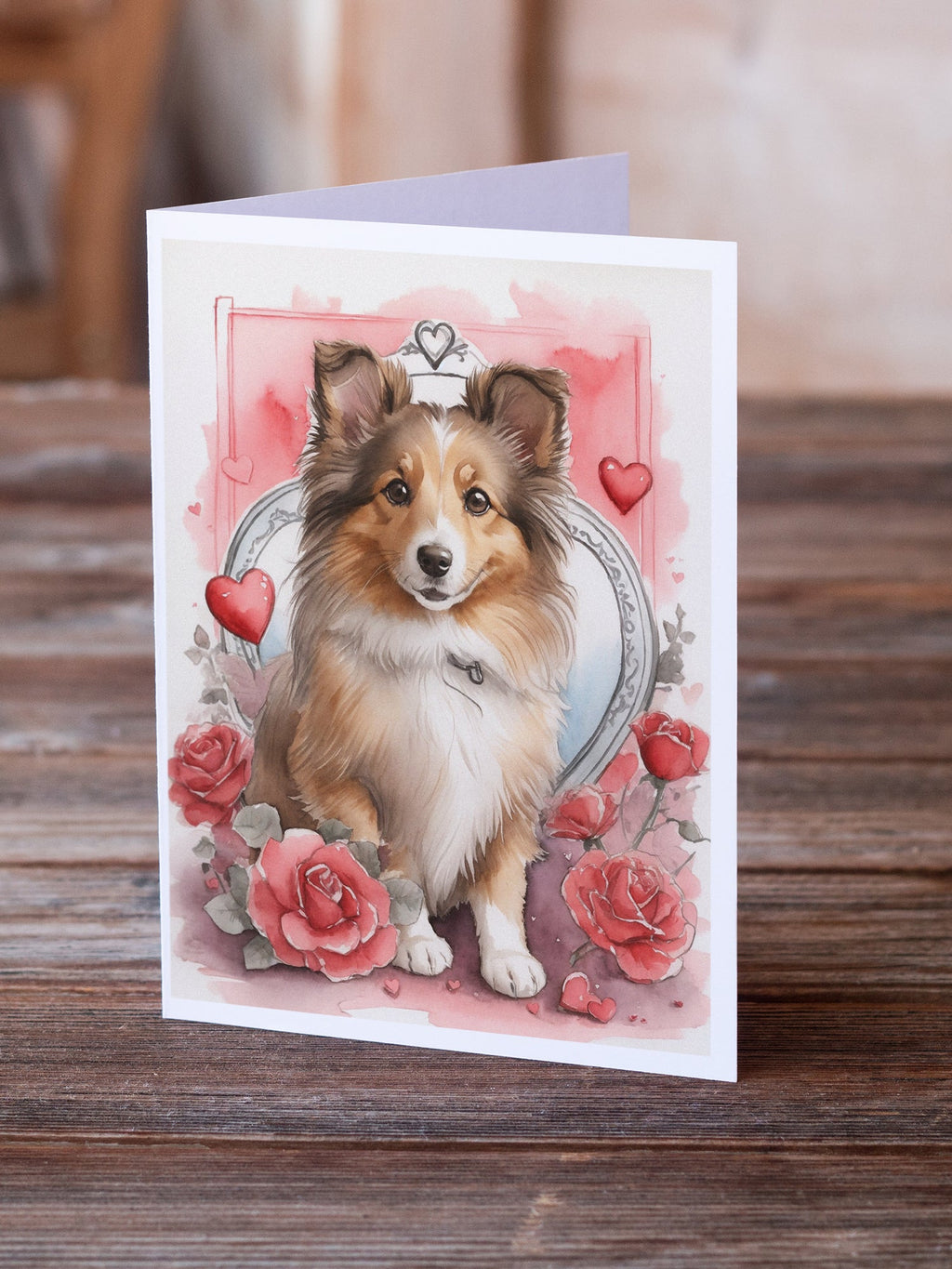 Sheltie Valentine Roses Greeting Cards Pack of 8 Blank Cards with Envelopes Whimsical A7 Size 5x7
