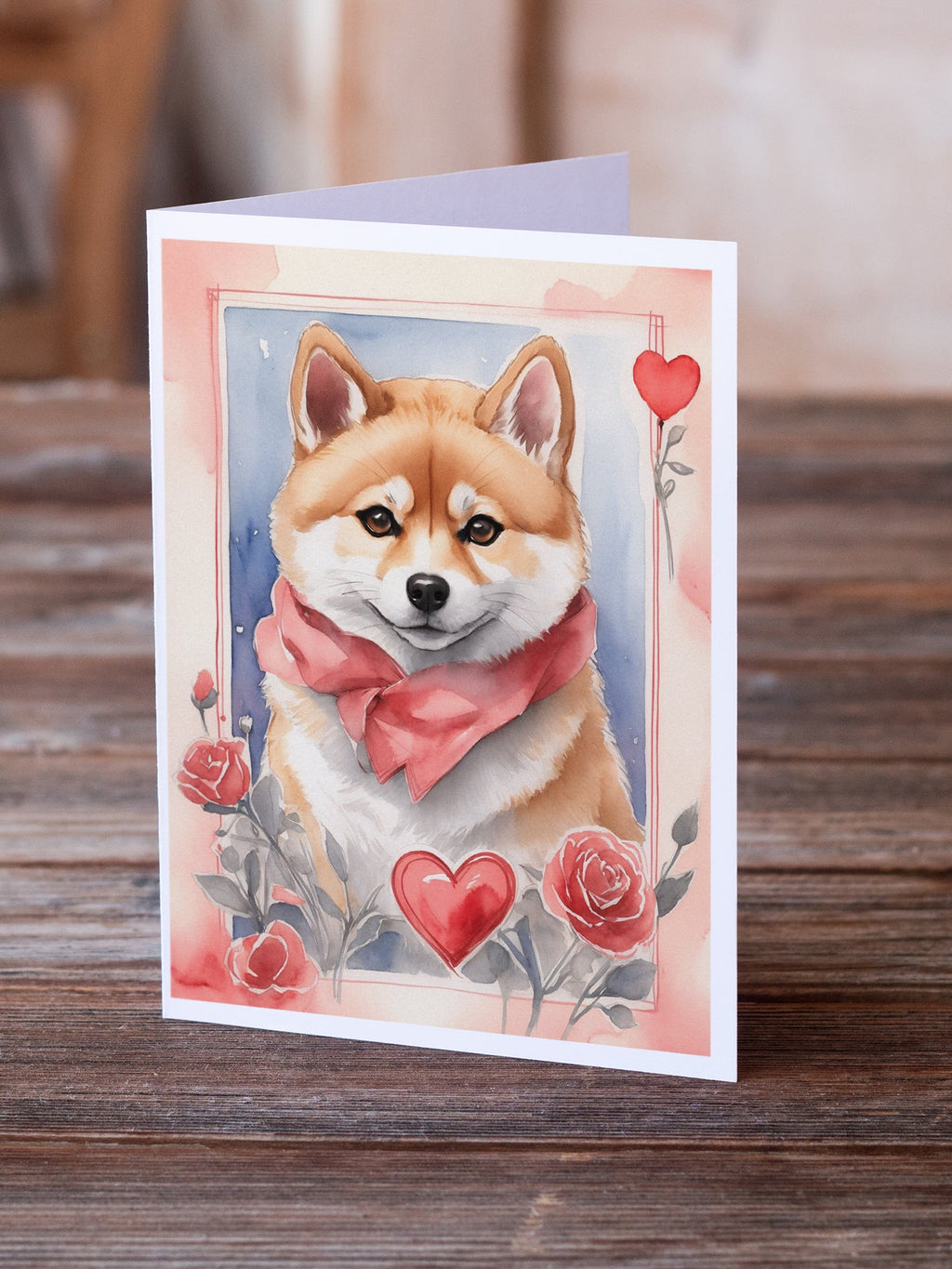 Shiba Inu Valentine Roses Greeting Cards Pack of 8 Blank Cards with Envelopes Whimsical A7 Size 5x7
