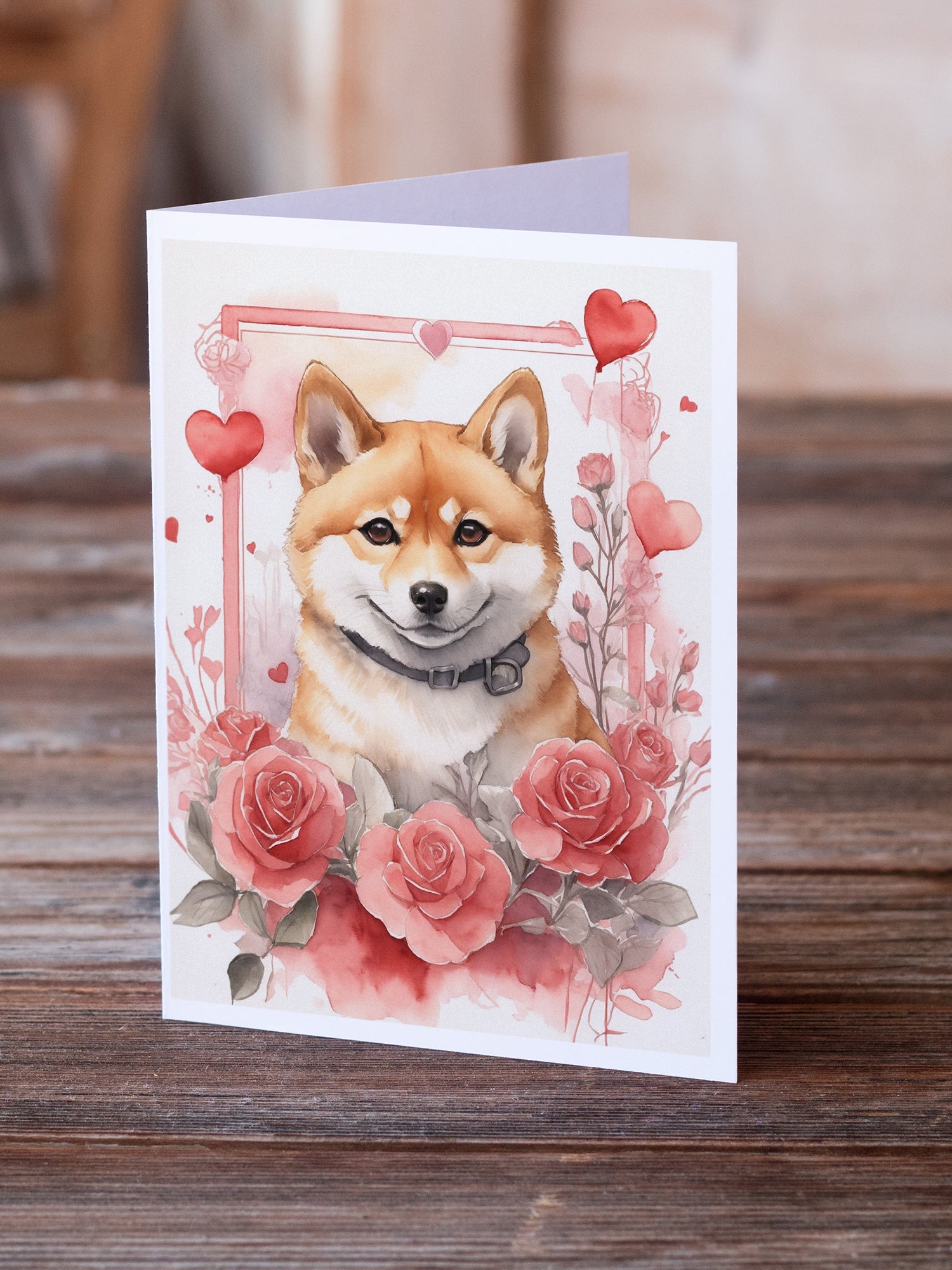 Shiba Inu Valentine Roses Greeting Cards Pack of 8 Blank Cards with Envelopes Whimsical A7 Size 5x7