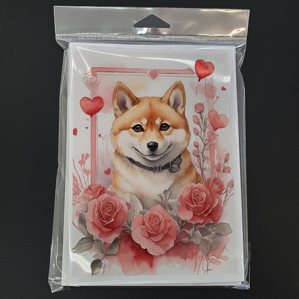 Shiba Inu Valentine Roses Greeting Cards Pack of 8 Blank Cards with Envelopes Whimsical A7 Size 5x7