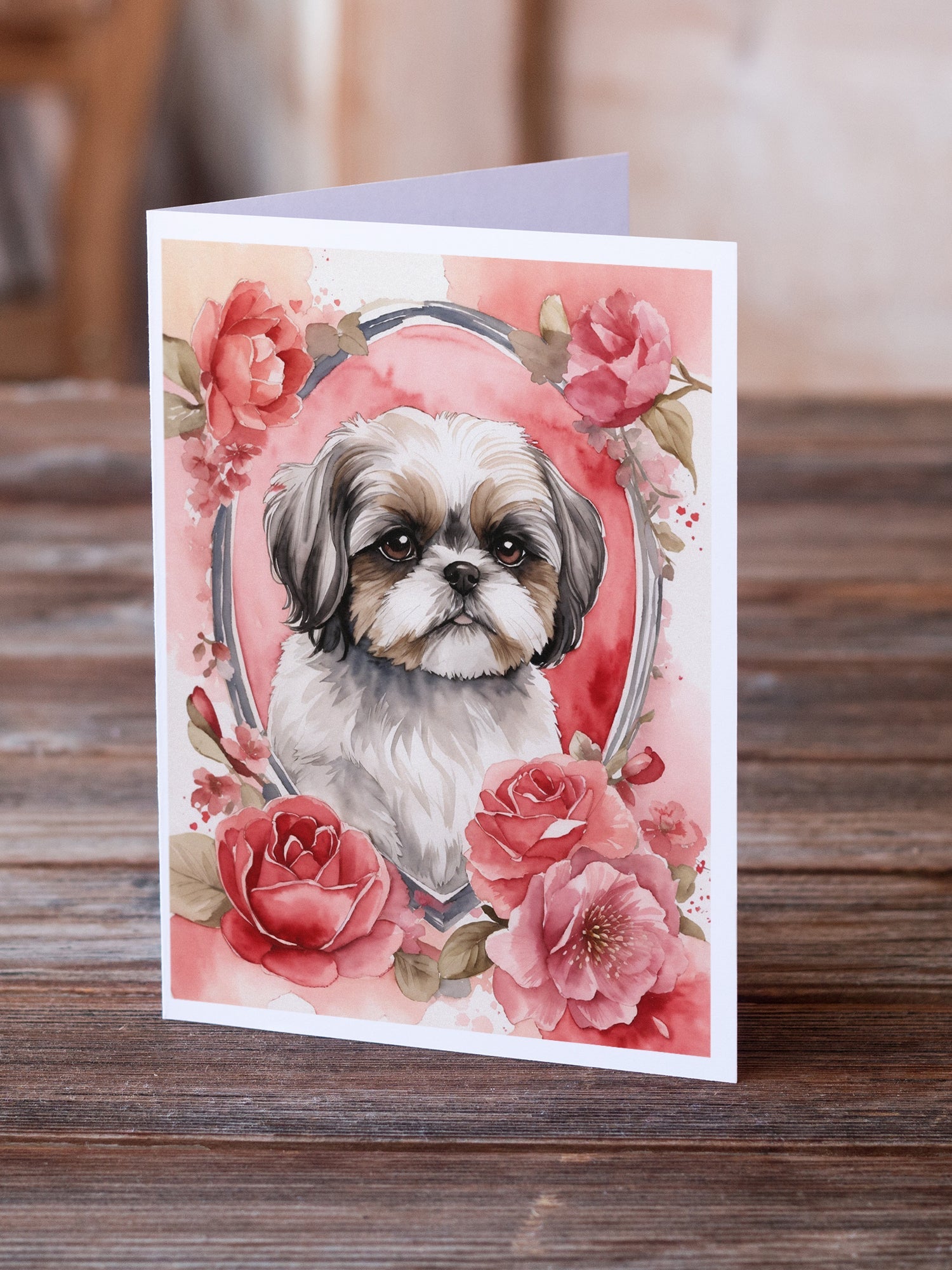 Shih Tzu Valentine Roses Greeting Cards Pack of 8 Blank Cards with Envelopes Whimsical A7 Size 5x7