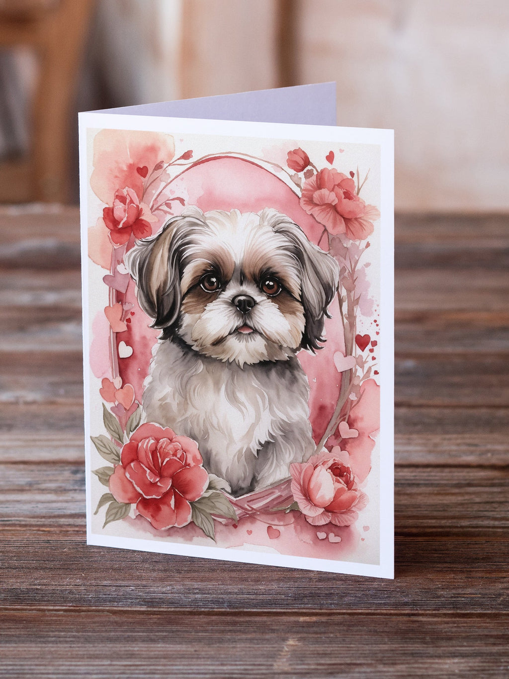 Shih Tzu Valentine Roses Greeting Cards Pack of 8 Blank Cards with Envelopes Whimsical A7 Size 5x7